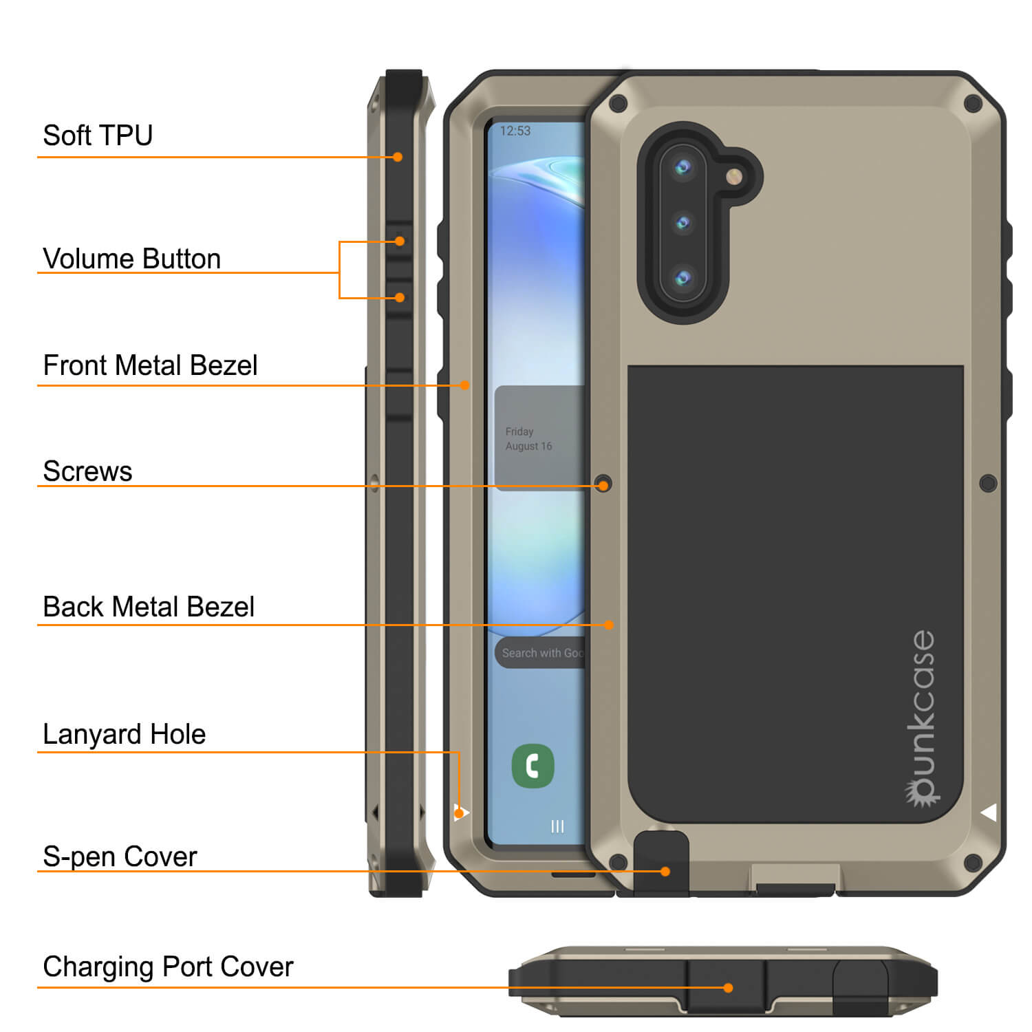 Galaxy Note 10  Case, PUNKcase Metallic Gold Shockproof  Slim Metal Armor Case [Gold]