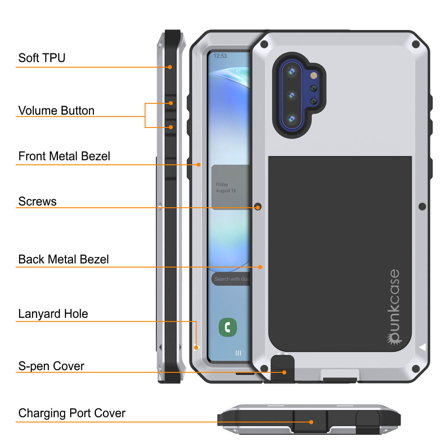 Galaxy Note 10+ Plus  Case, PUNKcase Metallic White Shockproof  Slim Metal Armor Case [White]