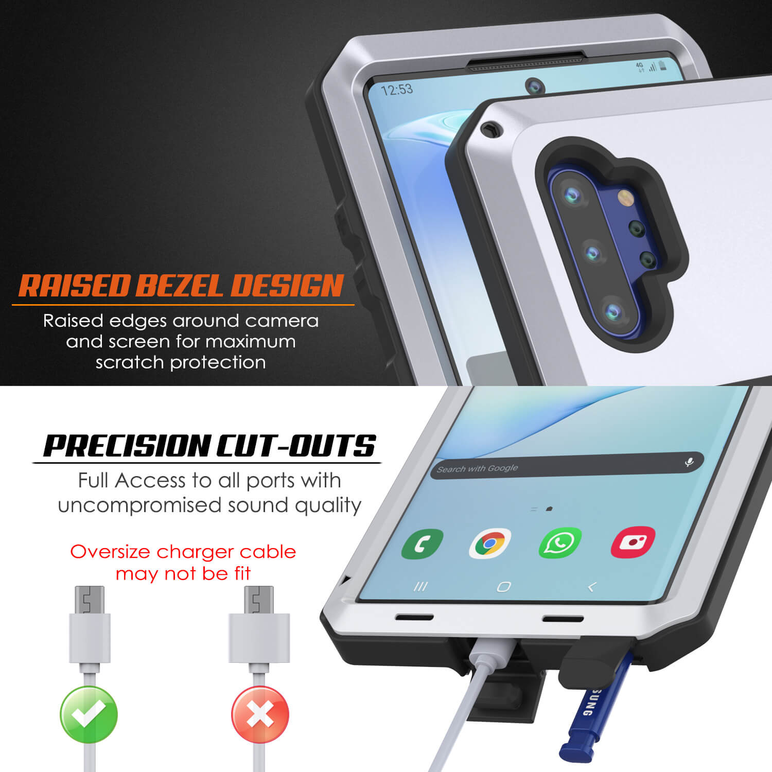 Galaxy Note 10+ Plus  Case, PUNKcase Metallic White Shockproof  Slim Metal Armor Case [White]