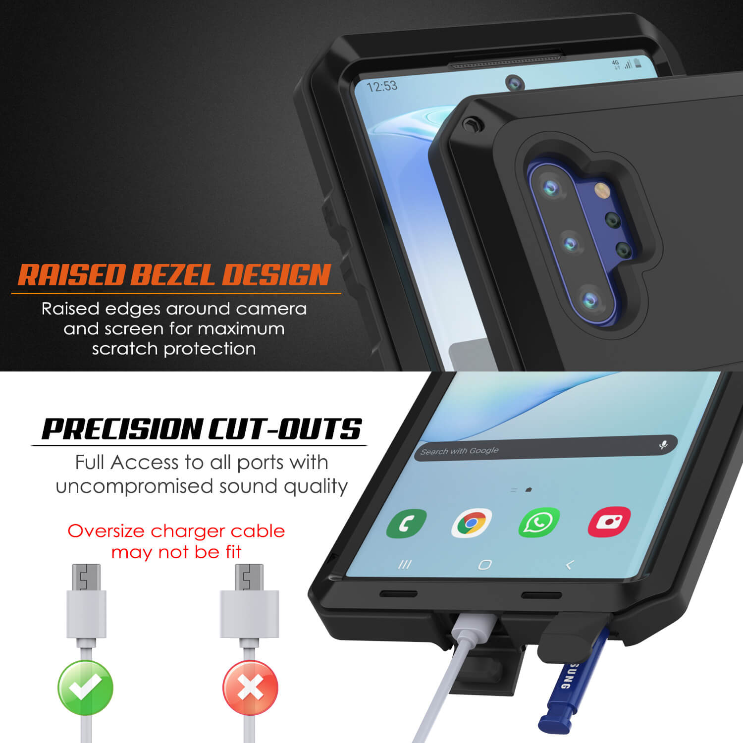 Galaxy Note 10+ Plus Case, PUNKcase Metallic Black Shockproof  Slim Metal Armor Case [Black]