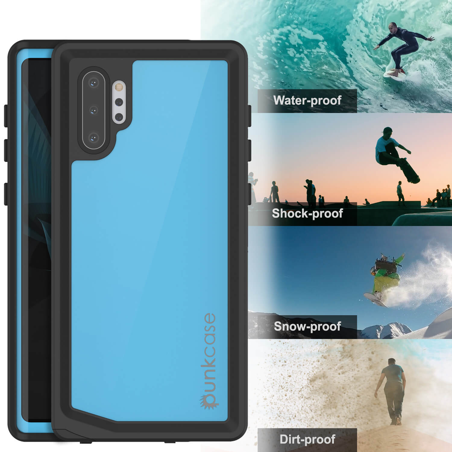 Galaxy Note 10+ Plus Waterproof Case, Punkcase Studstar Light Blue Thin Armor Cover