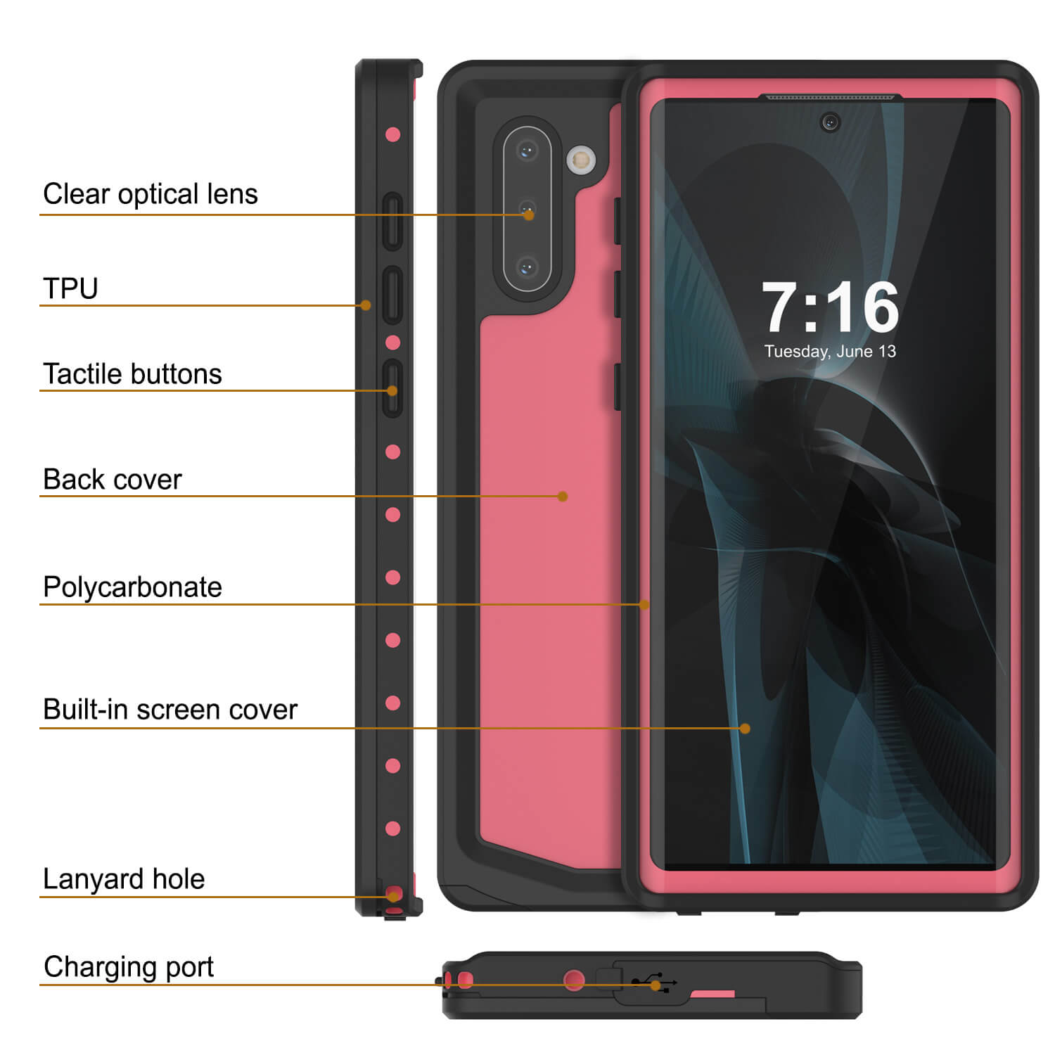 Galaxy Note 10 Waterproof Case, Punkcase Studstar Pink Thin Armor Cover