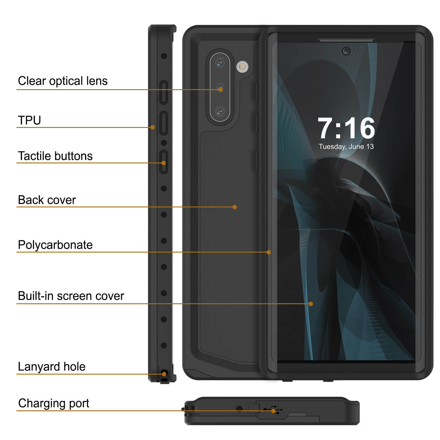 Galaxy Note 10 Waterproof Case, Punkcase Studstar Black Thin Armor Cover