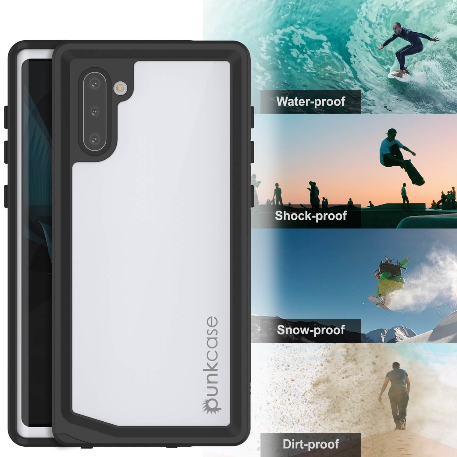 Galaxy Note 10 Waterproof Case, Punkcase Studstar White Thin Armor Cover