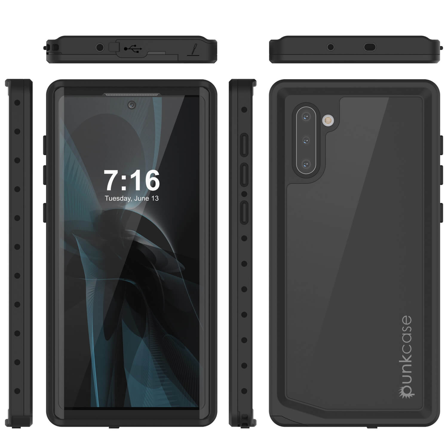 Galaxy Note 10 Waterproof Case, Punkcase Studstar Black Thin Armor Cover