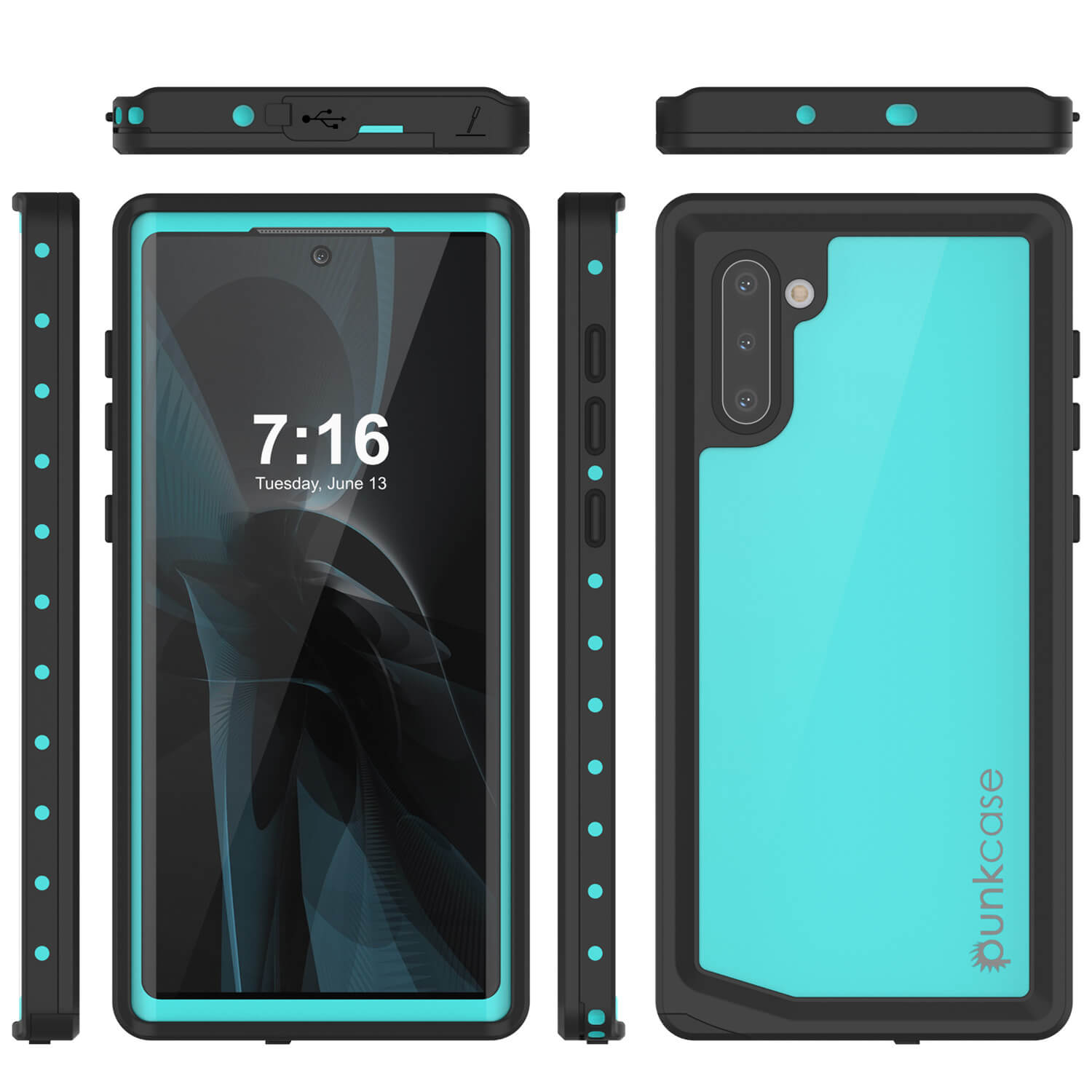 Galaxy Note 10 Waterproof Case, Punkcase Studstar Series Teal Thin Armor Cover
