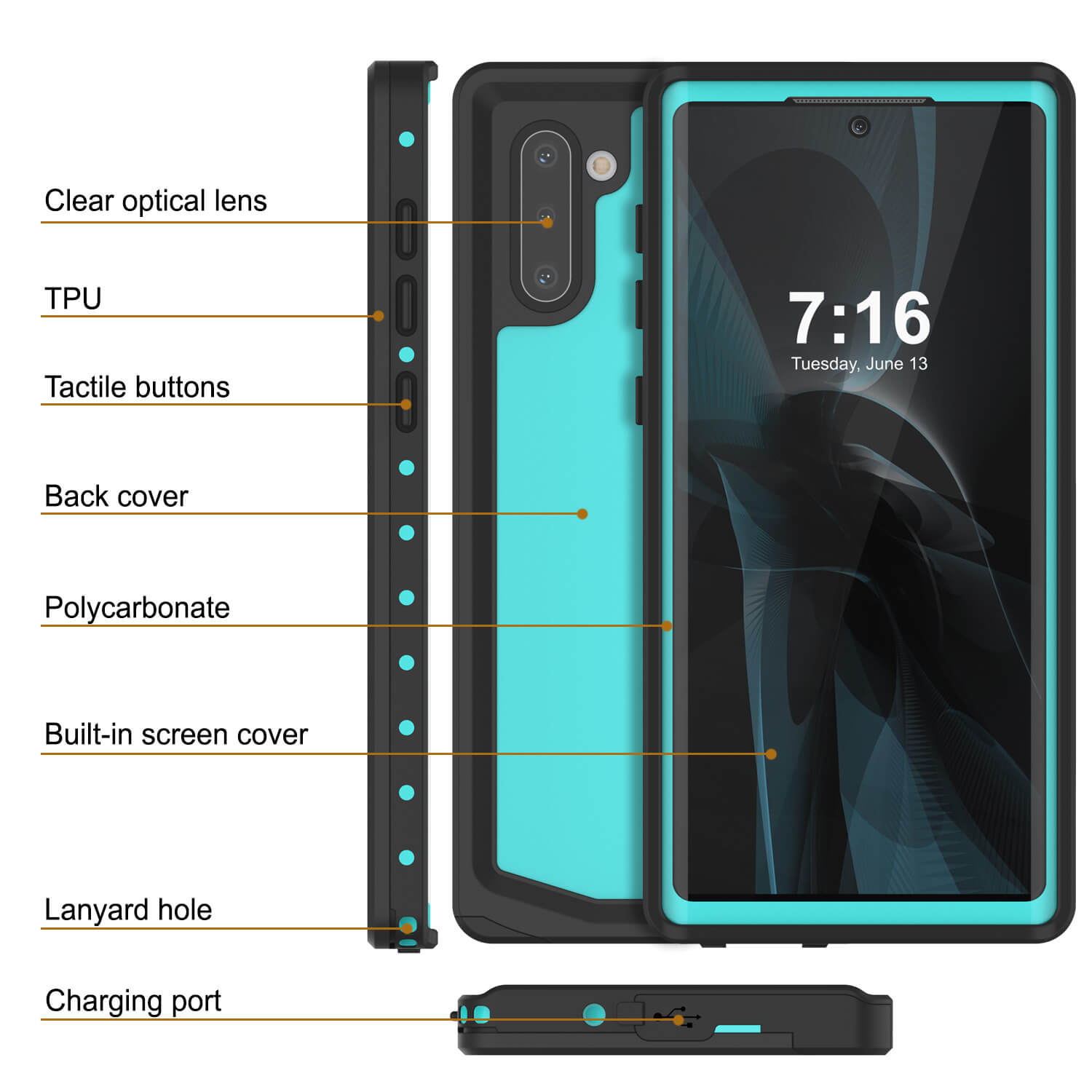 Galaxy Note 10 Waterproof Case, Punkcase Studstar Series Teal Thin Armor Cover