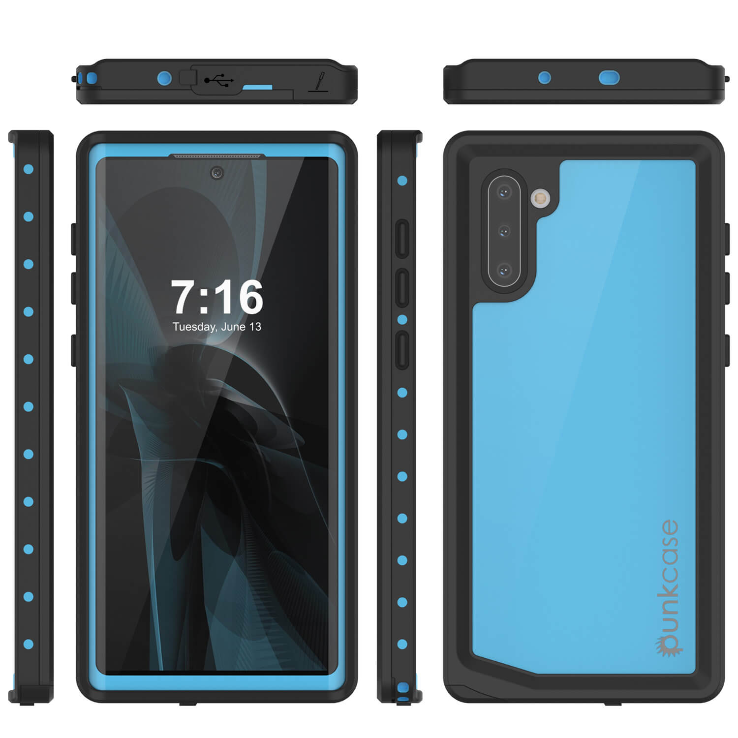 Galaxy Note 10 Waterproof Case, Punkcase Studstar Light Blue Thin Armor Cover