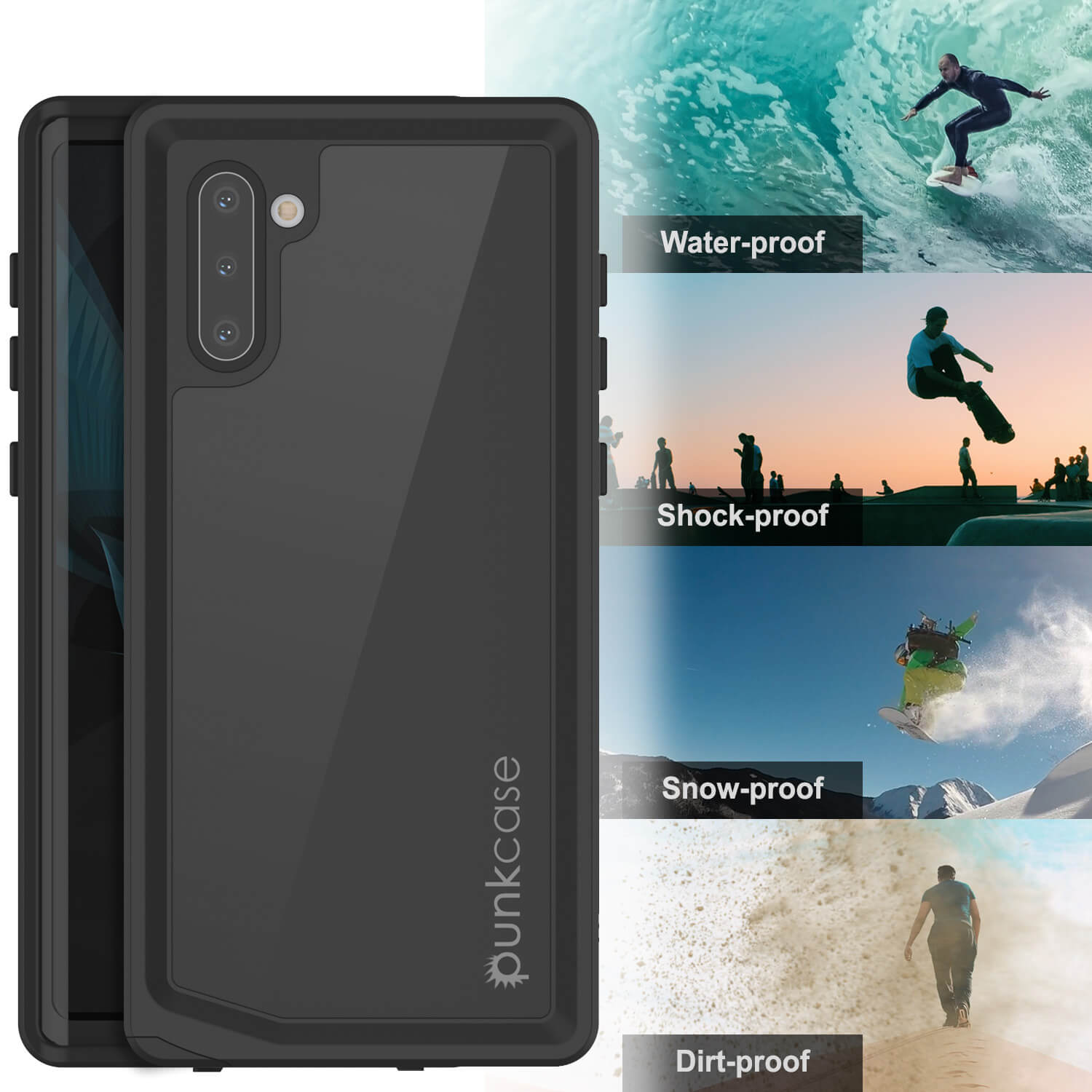 Galaxy Note 10 Waterproof Case, Punkcase Studstar Black Thin Armor Cover