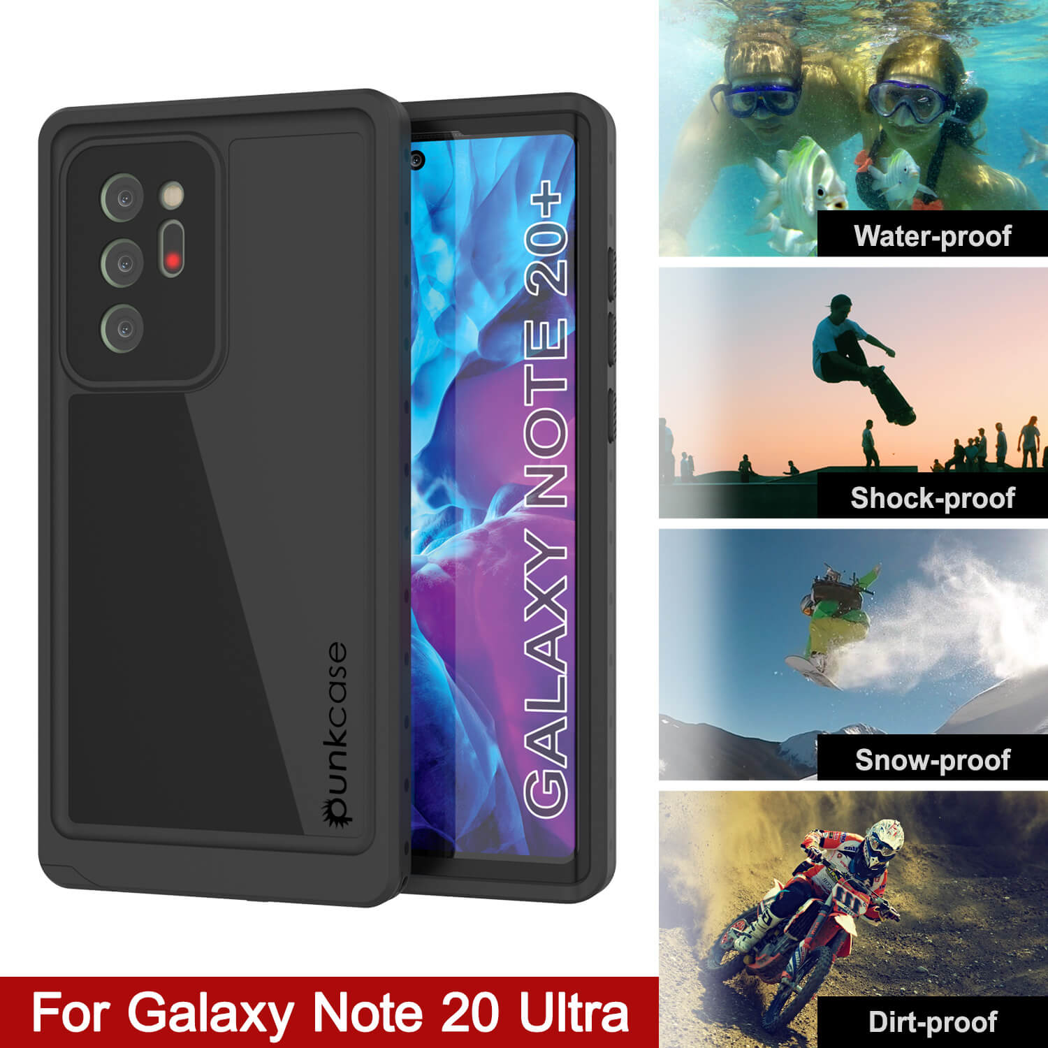 Galaxy Note 20 Ultra Waterproof Case, Punkcase Studstar Black Thin Armor Cover