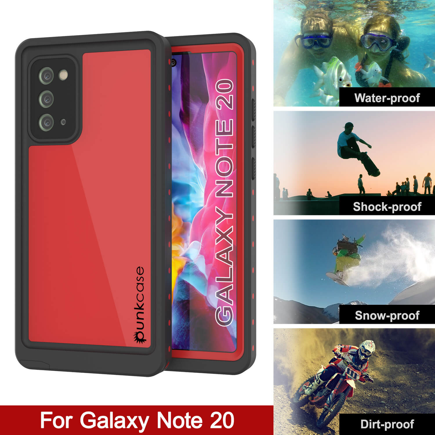 Galaxy Note 20 Waterproof Case, Punkcase Studstar Red Series Thin Armor Cover