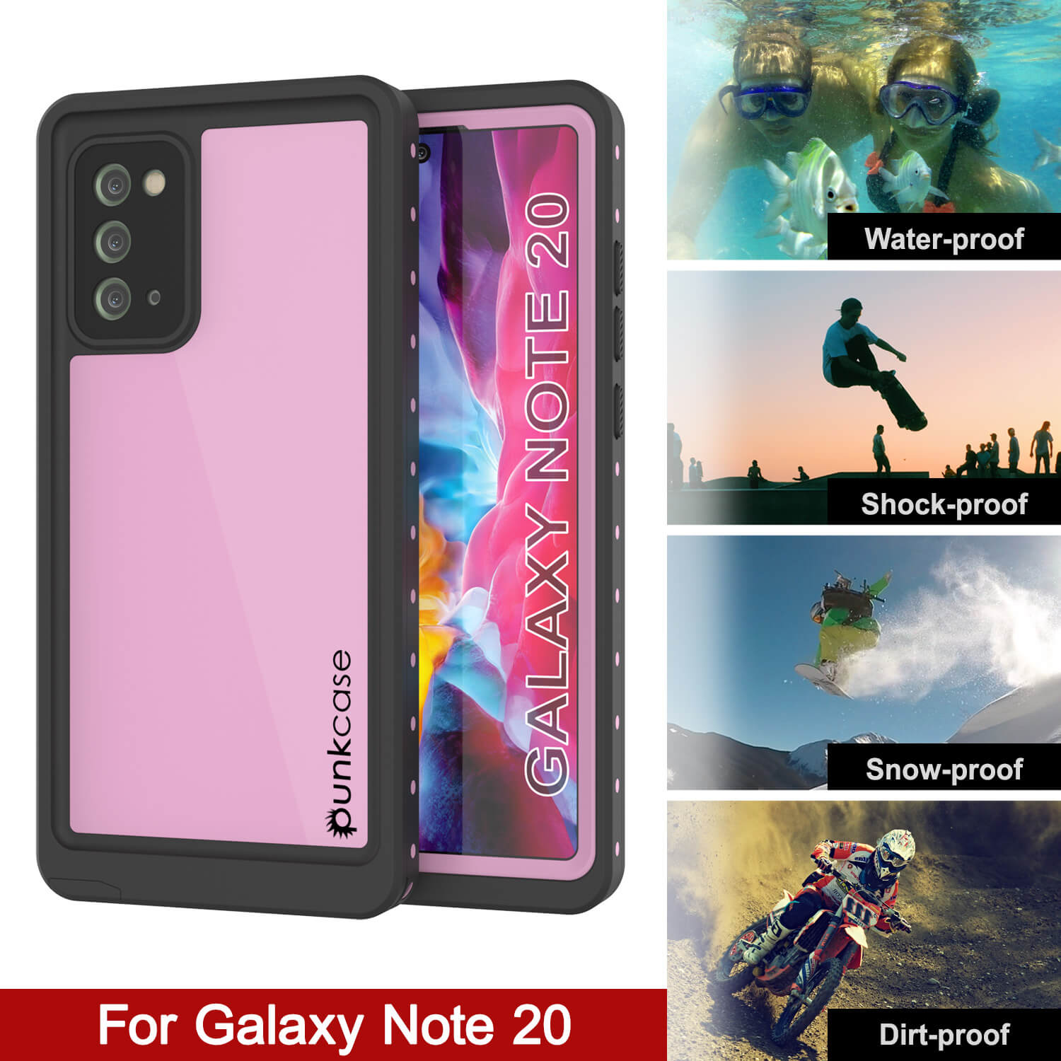 Galaxy Note 20 Waterproof Case, Punkcase Studstar Pink Thin Armor Cover