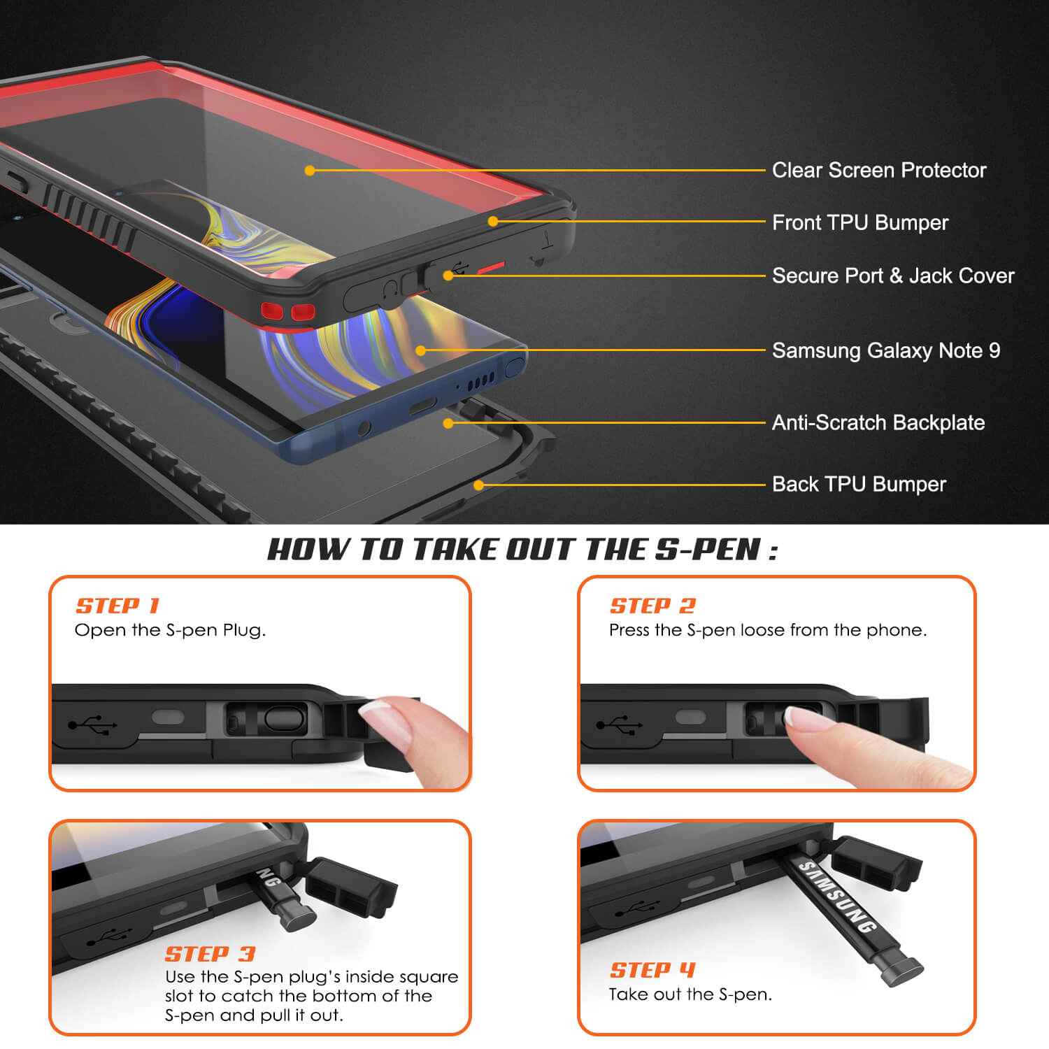 Galaxy Note 9 Case, Punkcase [Extreme Series] Armor Cover W/ Built In Screen Protector [Red]