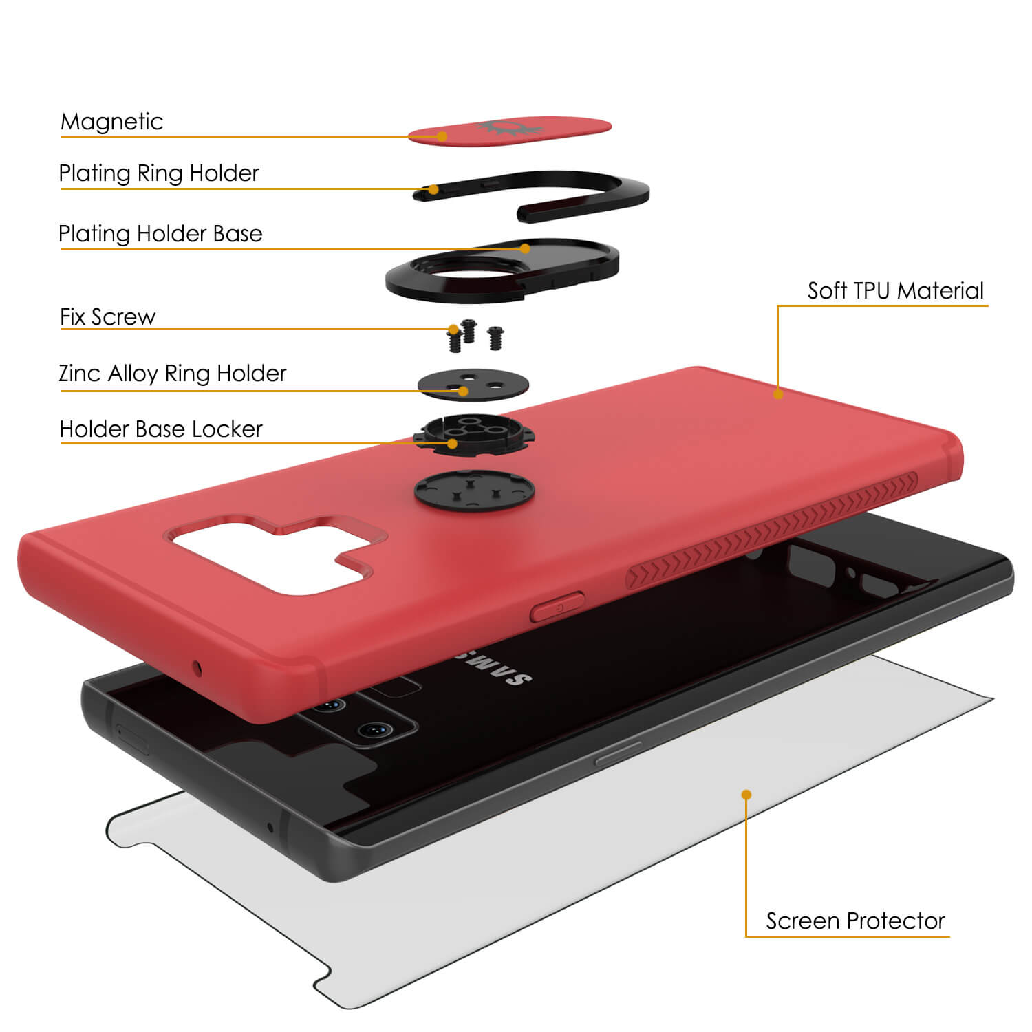 Galaxy Note 9 Case, Punkcase Magnetix  Protective TPU Cover W/ Tempered Glass Screen Protector & Kickstand [Red]