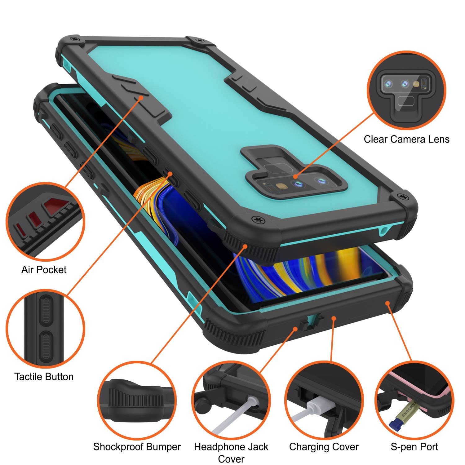 Punkcase Galaxy Note 9 Waterproof Case [Navy Seal Extreme Series] Armor Cover W/ Built In Screen Protector [Teal]