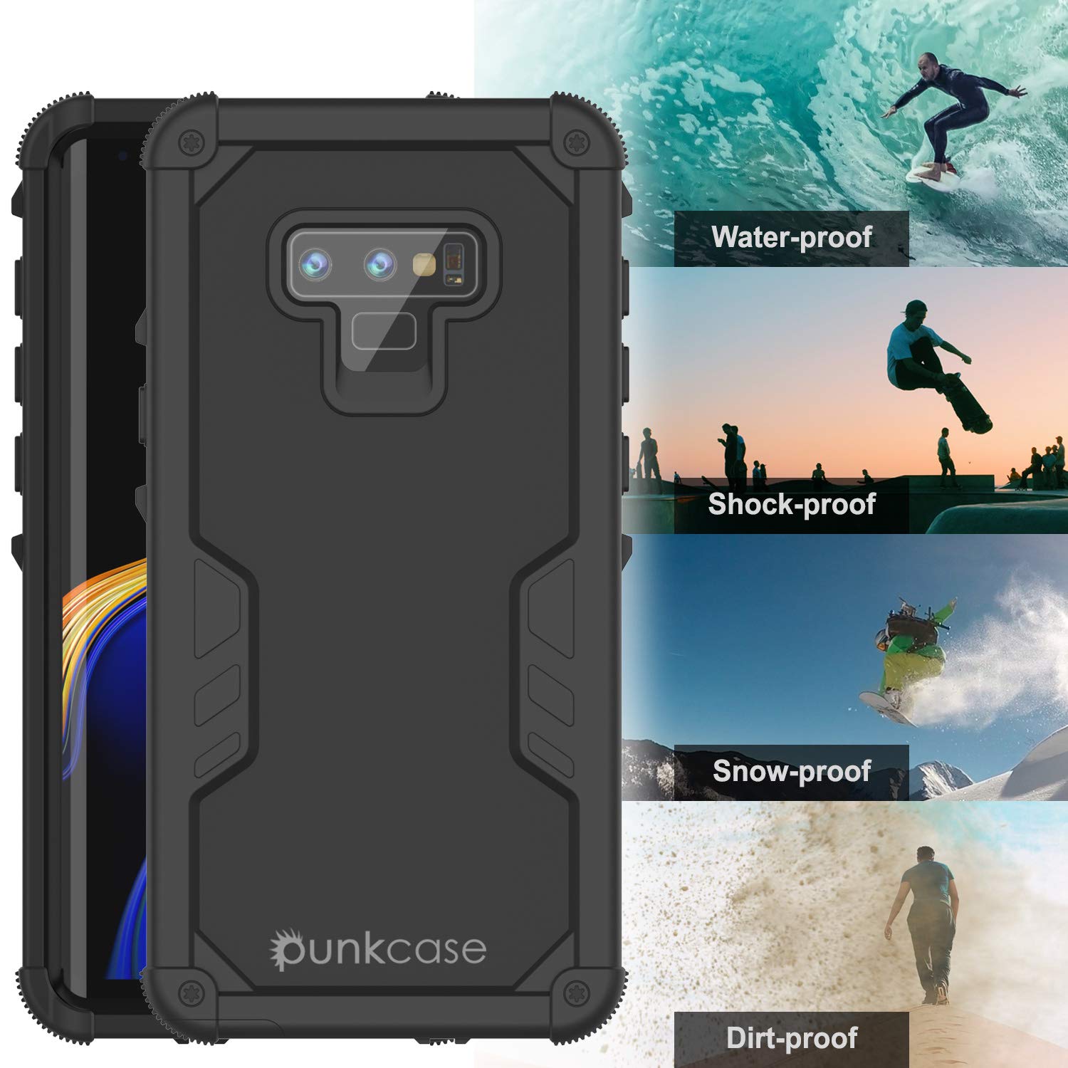 Punkcase Galaxy Note 9 Waterproof Case [Navy Seal Extreme Series] Armor Cover W/ Built In Screen Protector [Black]