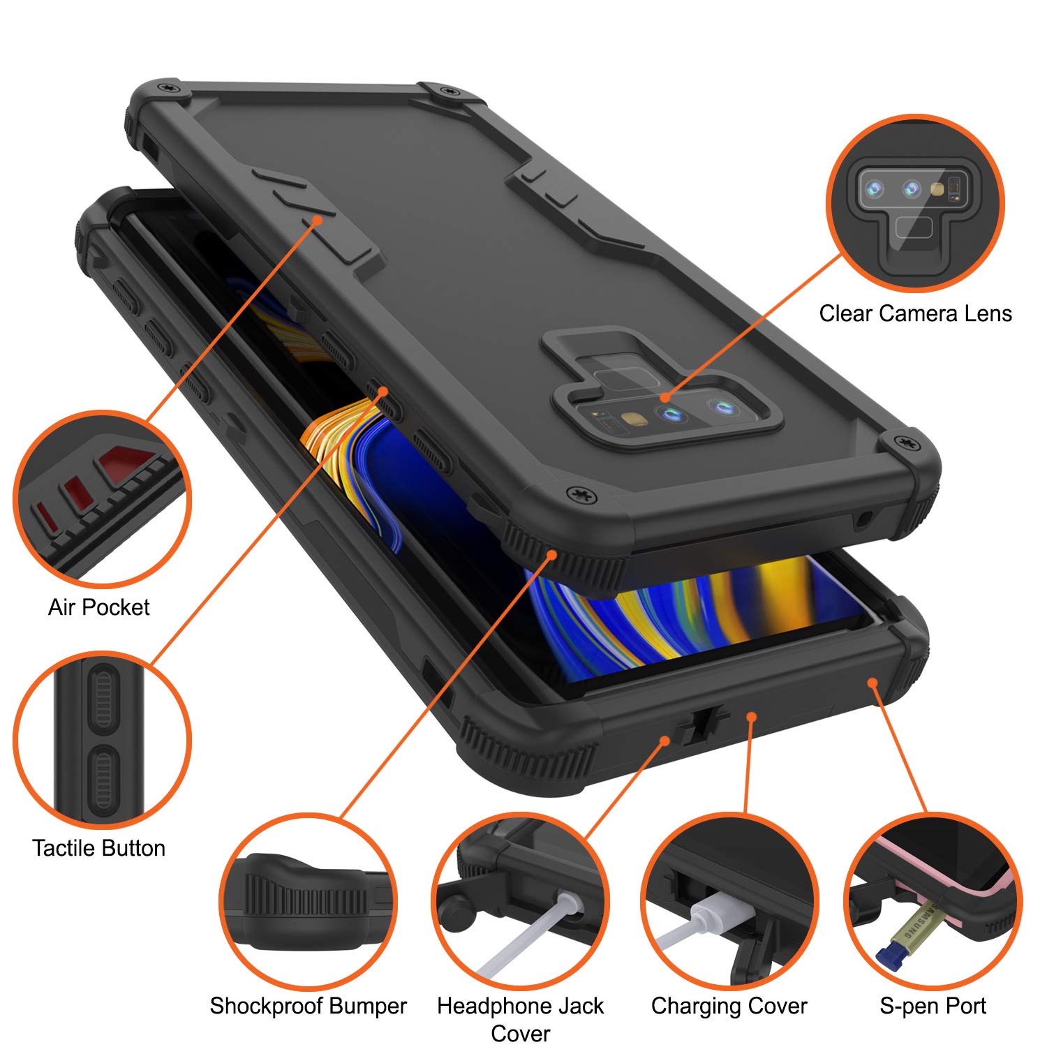 Punkcase Galaxy Note 9 Waterproof Case [Navy Seal Extreme Series] Armor Cover W/ Built In Screen Protector [Black]