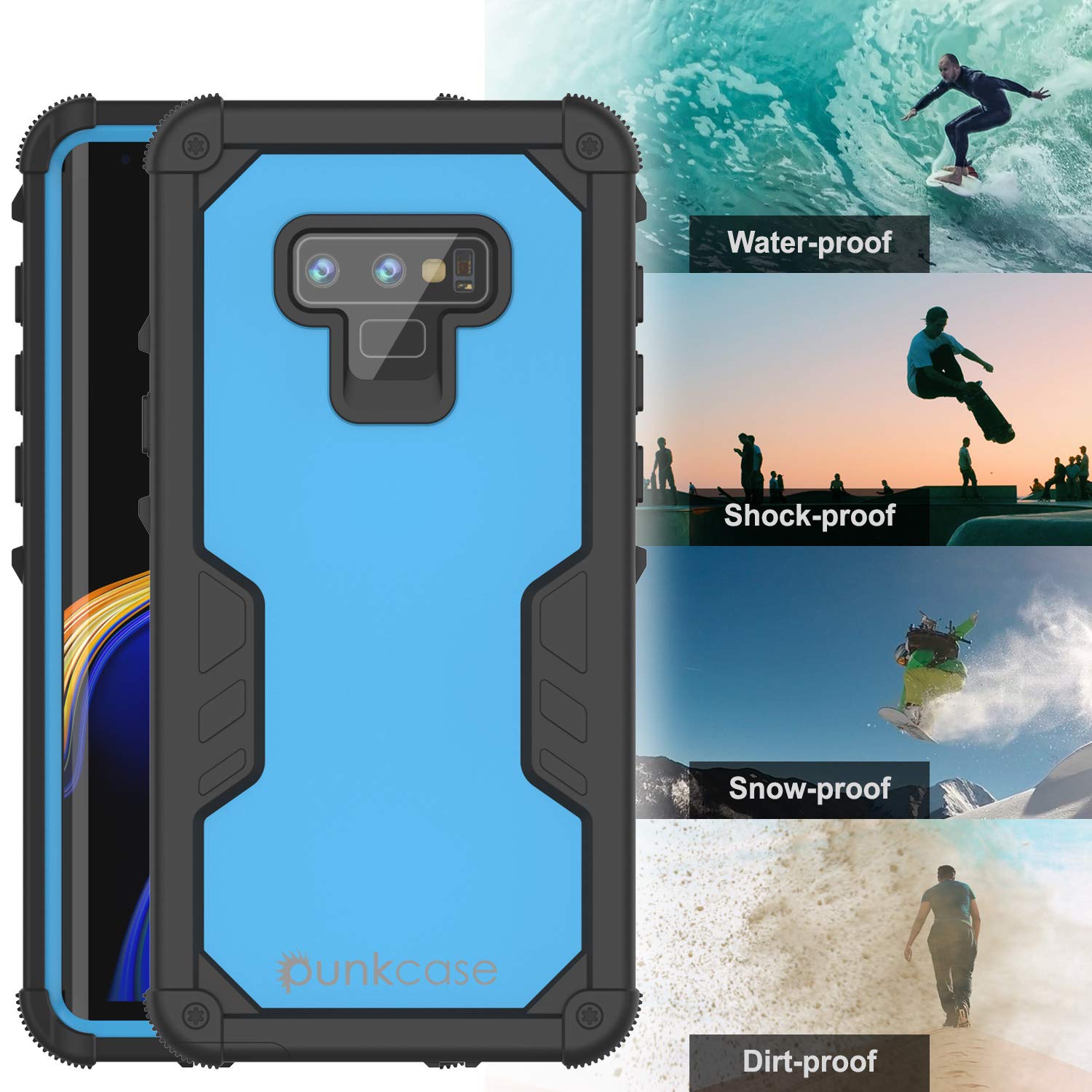 Punkcase Galaxy Note 9 Waterproof Case [Navy Seal Extreme Series] Armor Cover W/ Built In Screen Protector [Light Blue]