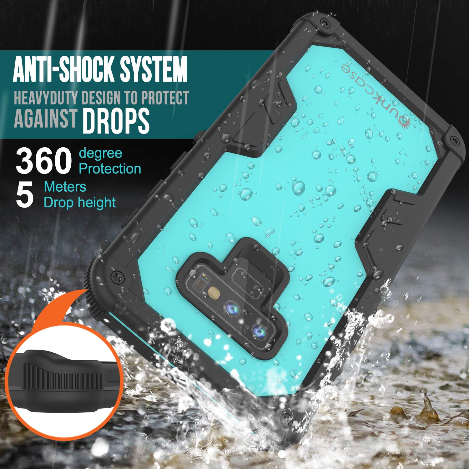 Punkcase Galaxy Note 9 Waterproof Case [Navy Seal Extreme Series] Armor Cover W/ Built In Screen Protector [Teal]