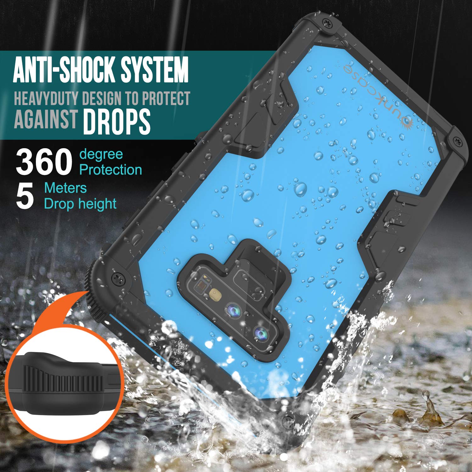 Punkcase Galaxy Note 9 Waterproof Case [Navy Seal Extreme Series] Armor Cover W/ Built In Screen Protector [Light Blue]