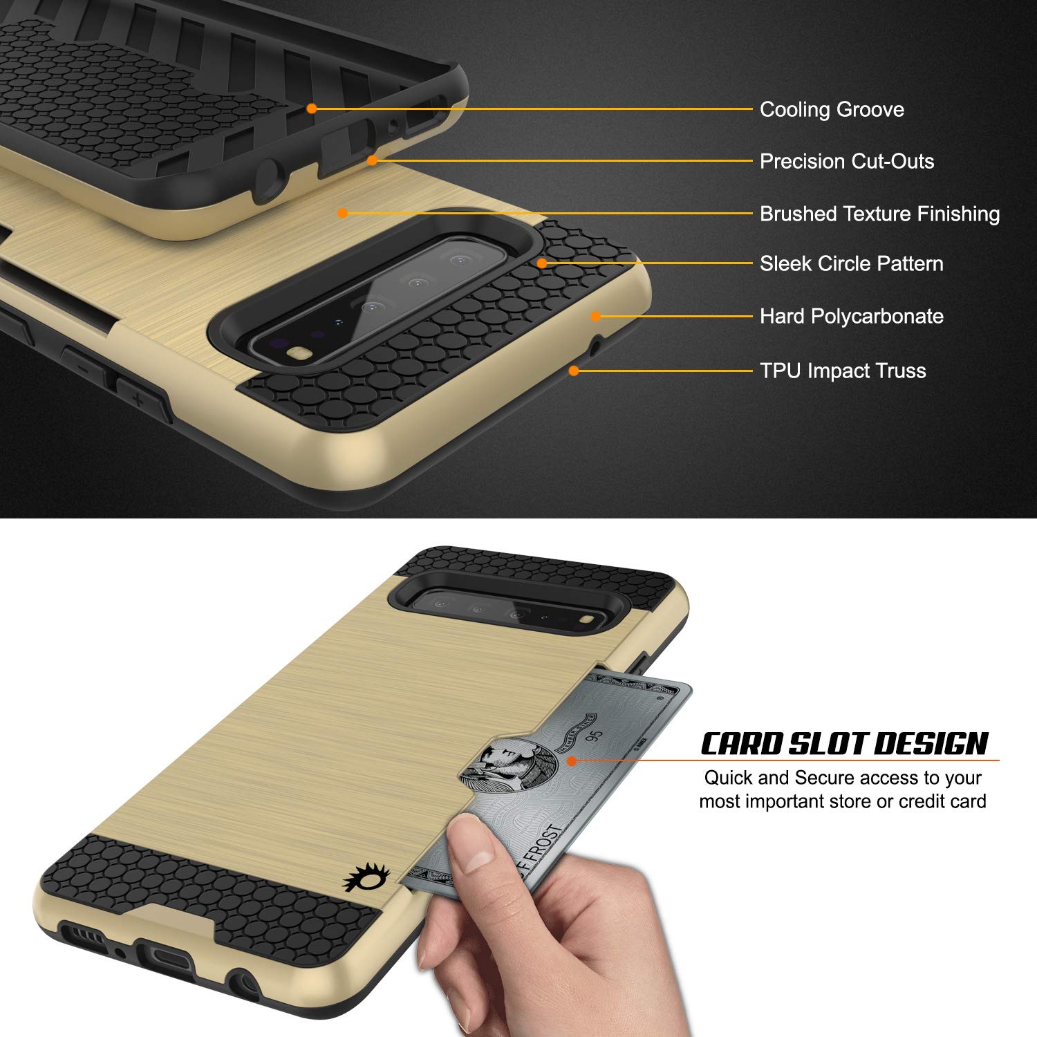 Galaxy S10 5G  Case, PUNKcase [SLOT Series] [Slim Fit] Dual-Layer Armor Cover w/Integrated Anti-Shock System, Credit Card Slot [Gold]