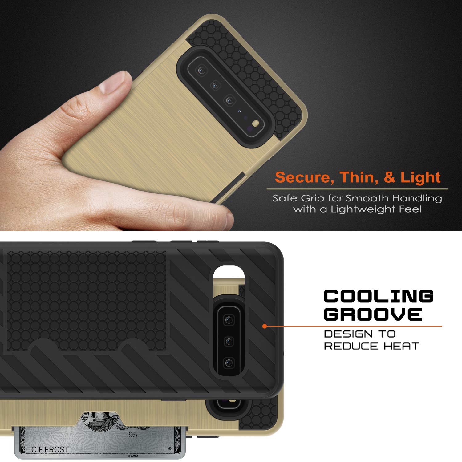 Galaxy S10 5G  Case, PUNKcase [SLOT Series] [Slim Fit] Dual-Layer Armor Cover w/Integrated Anti-Shock System, Credit Card Slot [Gold]