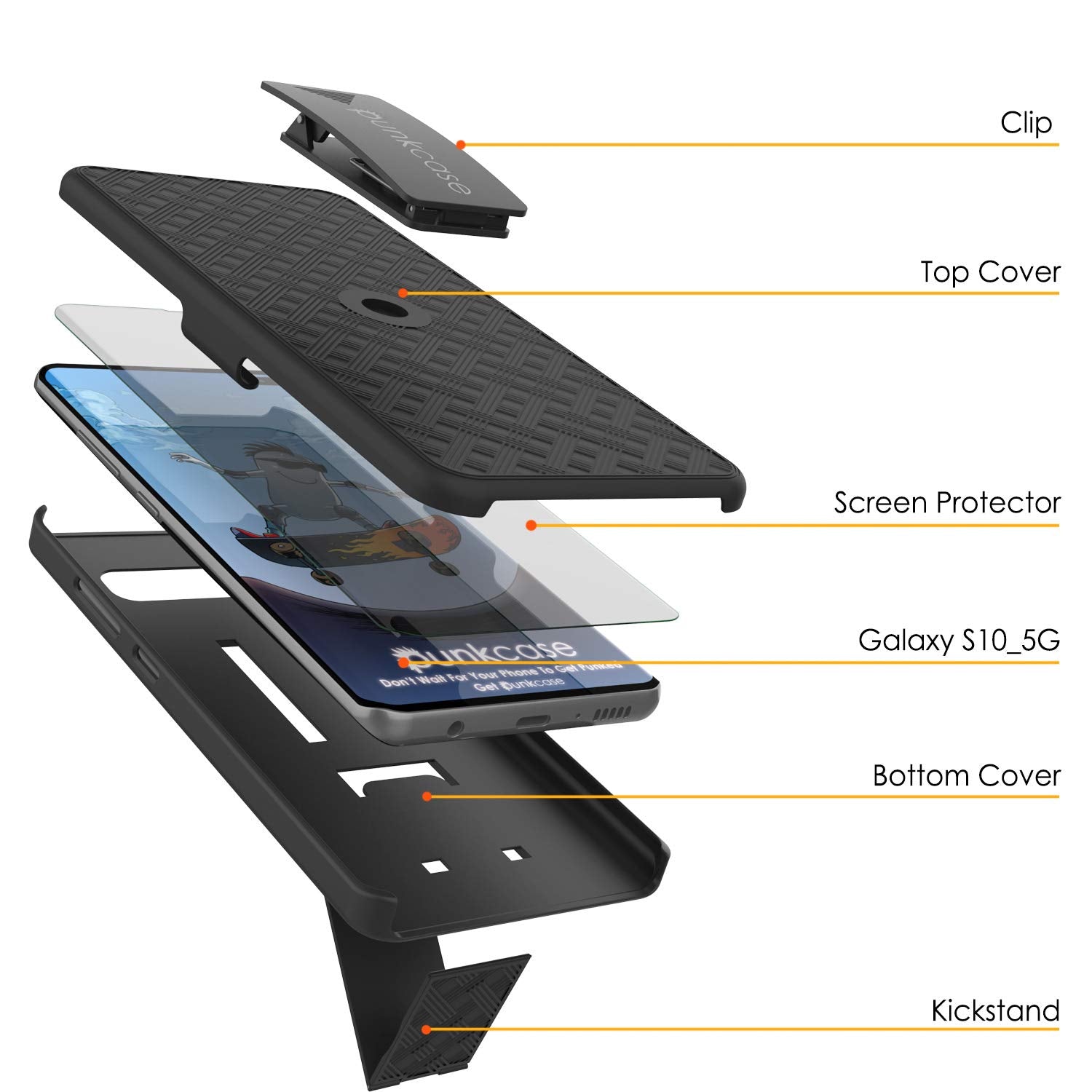 Punkcase Galaxy S10 5G Case With Screen Protector, Holster Belt Clip [Black]