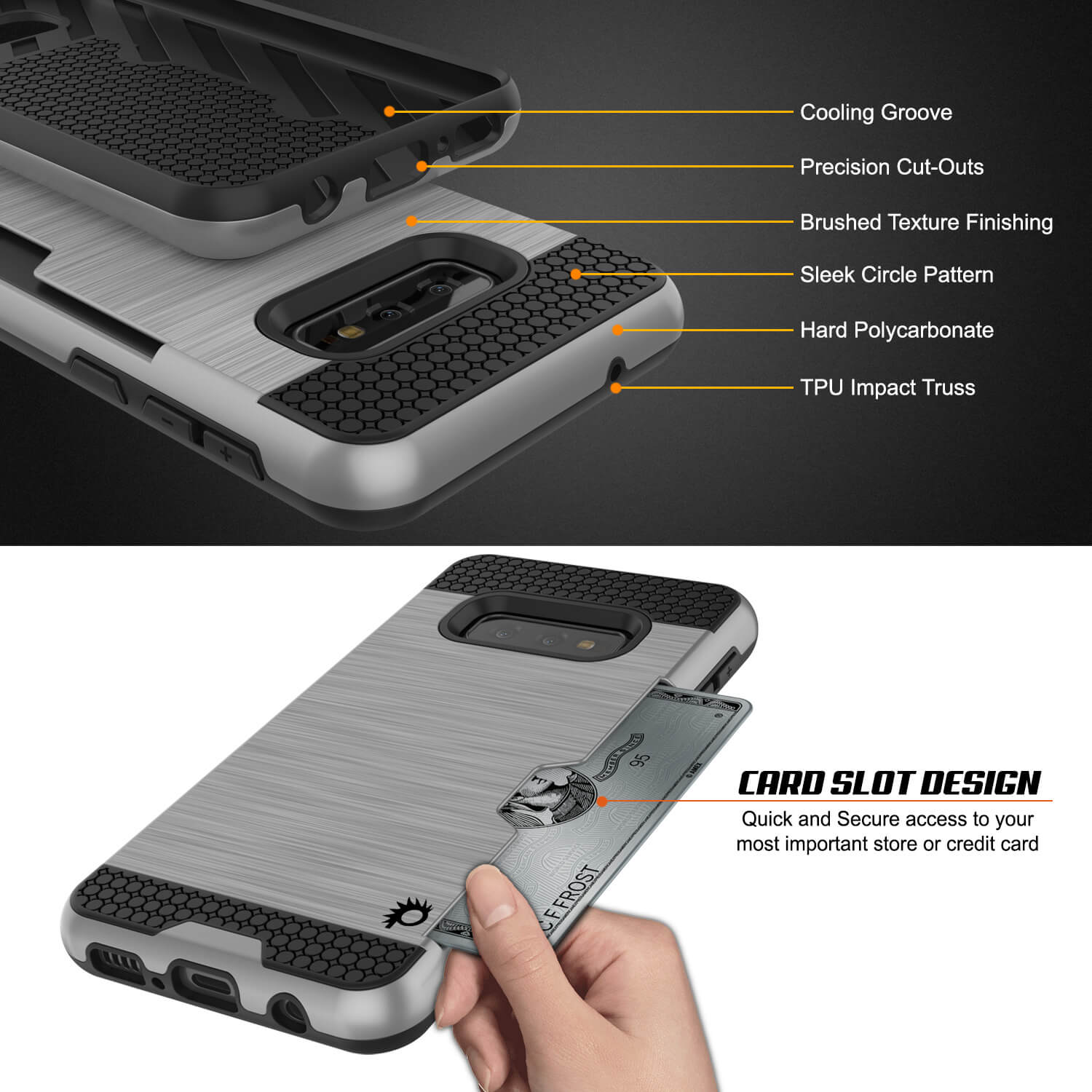 Galaxy S10e Case, PUNKcase [SLOT Series] [Slim Fit] Dual-Layer Armor Cover w/Integrated Anti-Shock System, Credit Card Slot [Silver]