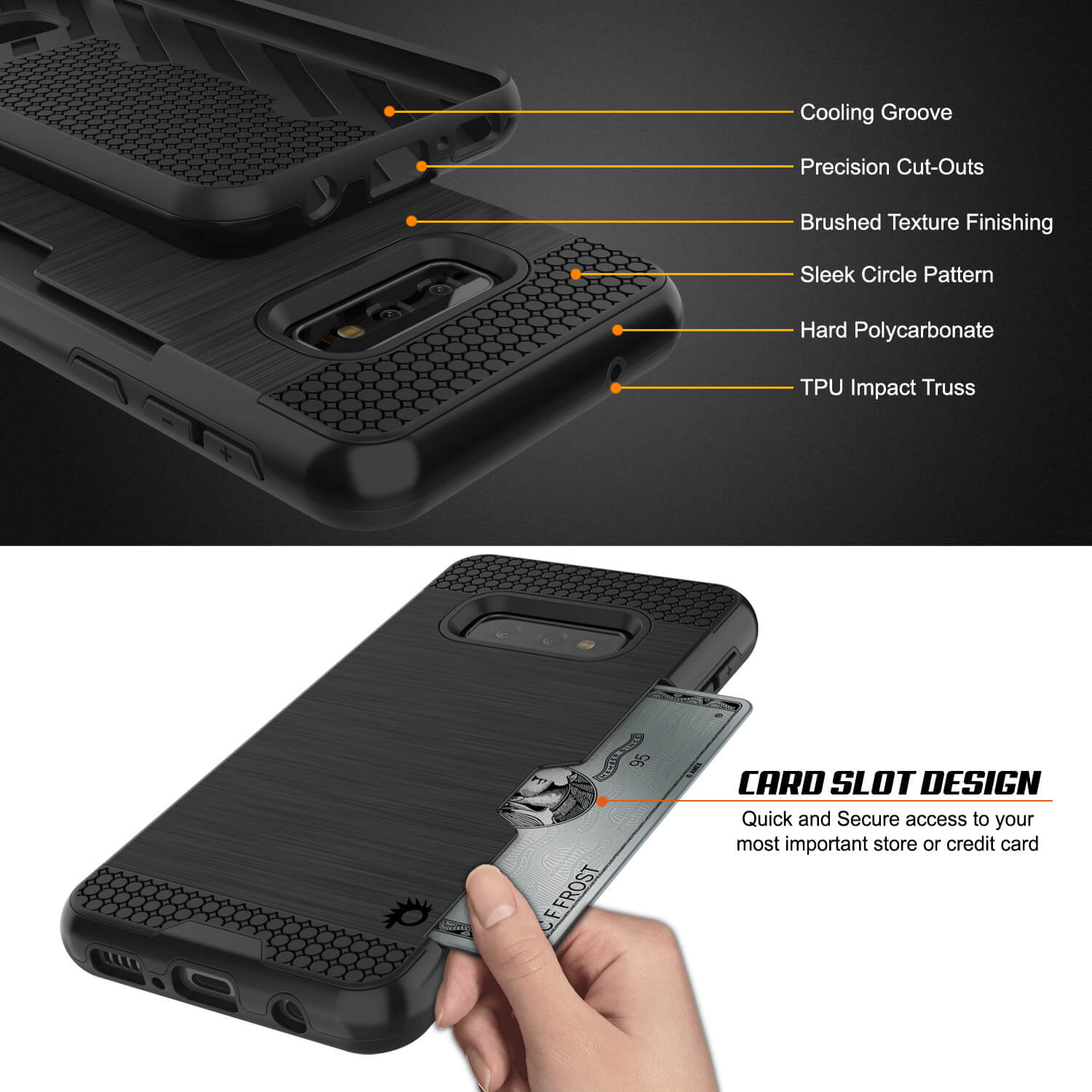 Galaxy S10e Case, PUNKcase [SLOT Series] [Slim Fit] Dual-Layer Armor Cover w/Integrated Anti-Shock System, Credit Card Slot [Black]