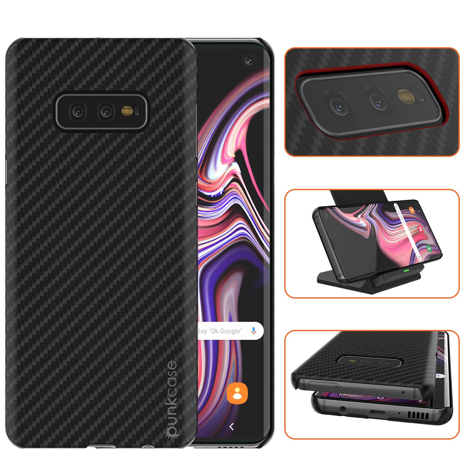 Galaxy S10e Plus Case, Punkcase CarbonShield, Heavy Duty & Ultra Thin 2 Piece Dual Layer PU Leather Jet Black Cover