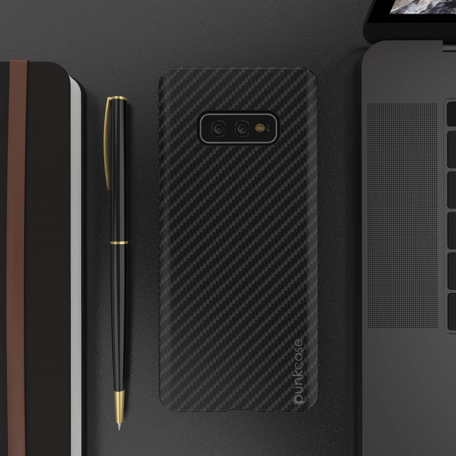 Galaxy S10e Plus Case, Punkcase CarbonShield, Heavy Duty & Ultra Thin 2 Piece Dual Layer PU Leather Jet Black Cover