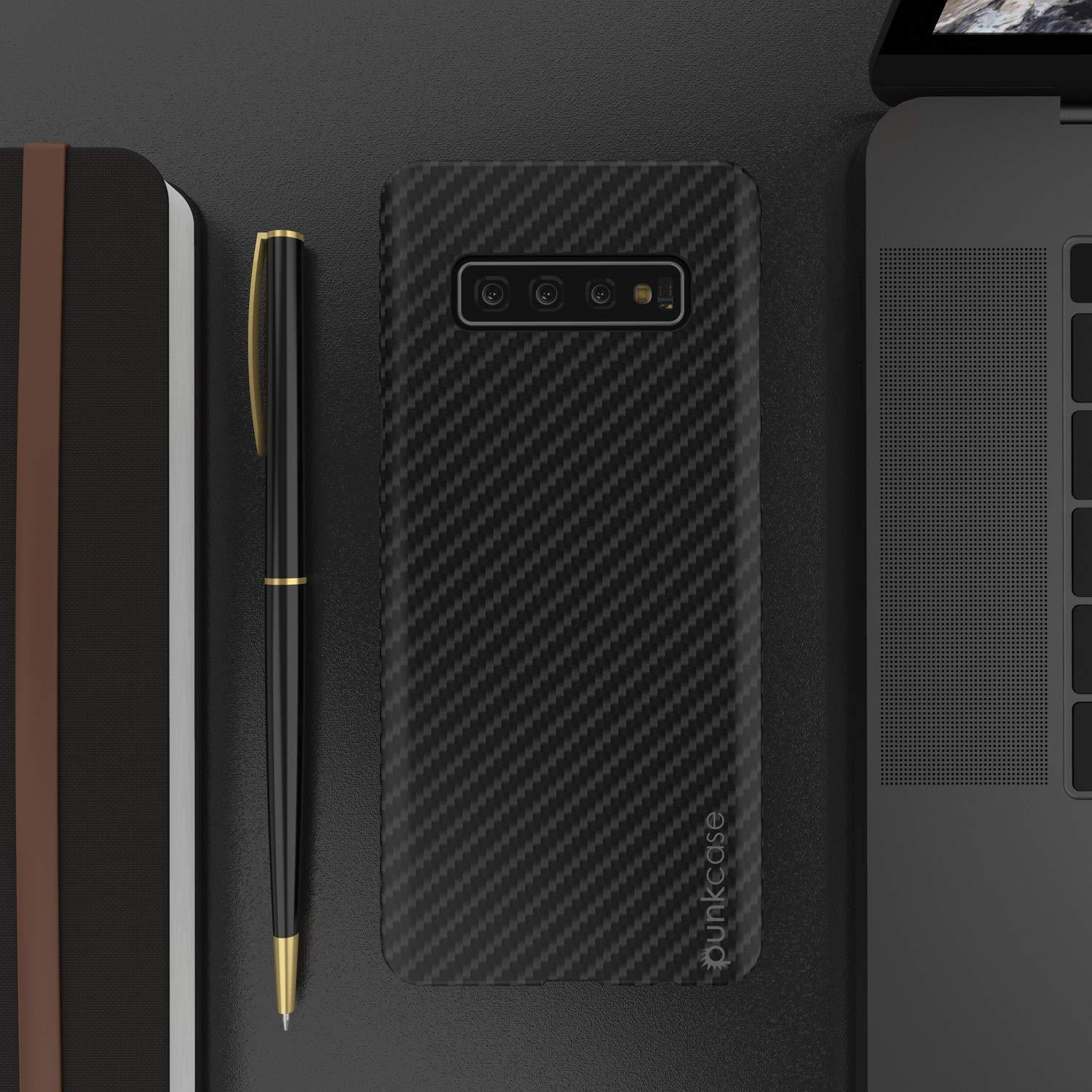 Galaxy S21+ Plus Case, Punkcase CarbonShield, Heavy Duty & Ultra Thin 2 Piece Dual Layer PU Leather Jet Black Cover (Carbon Fiber Style)