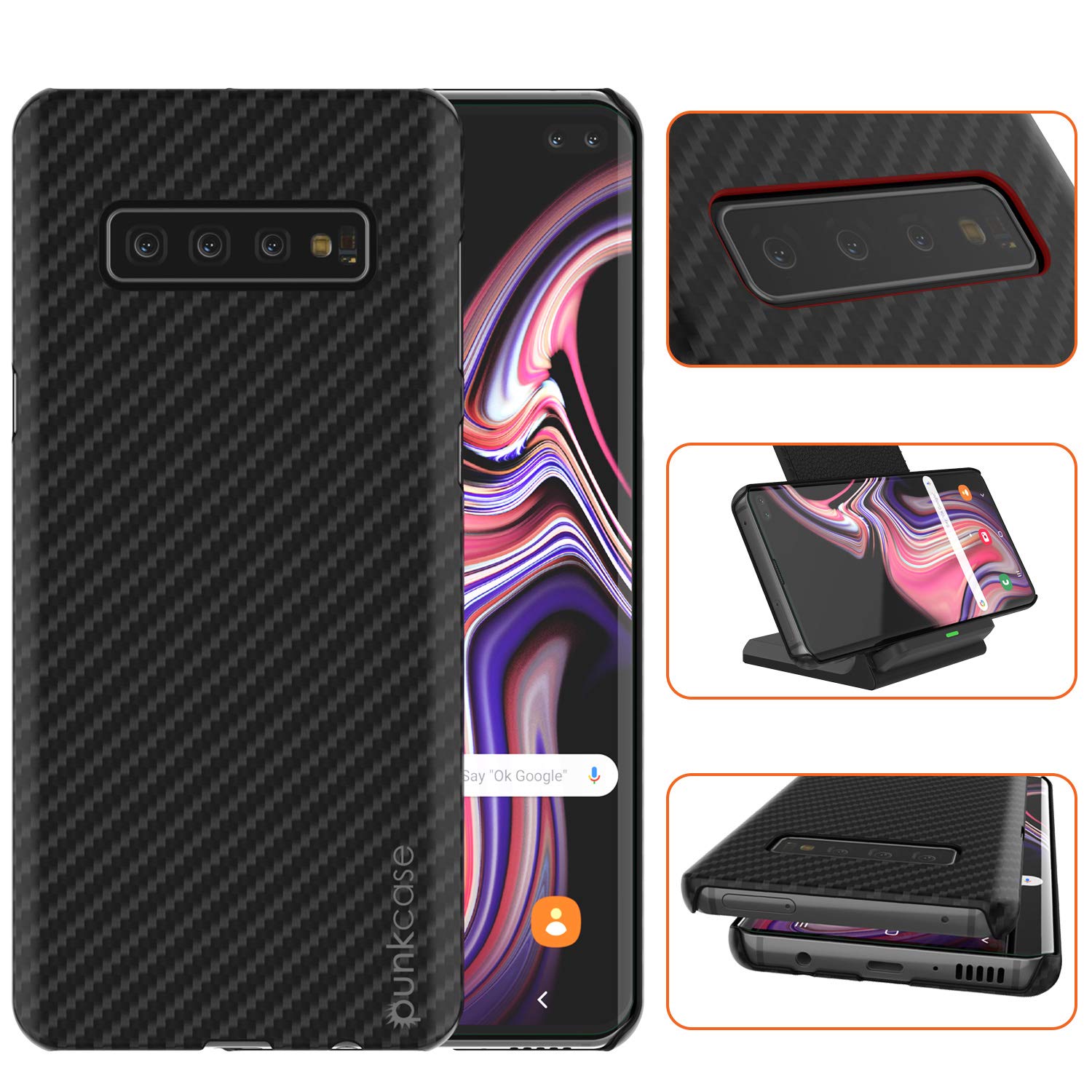 Galaxy S10 Plus Case, Punkcase CarbonShield, Heavy Duty & Ultra Thin 2 Piece Dual Layer PU Leather Jet Black Cover