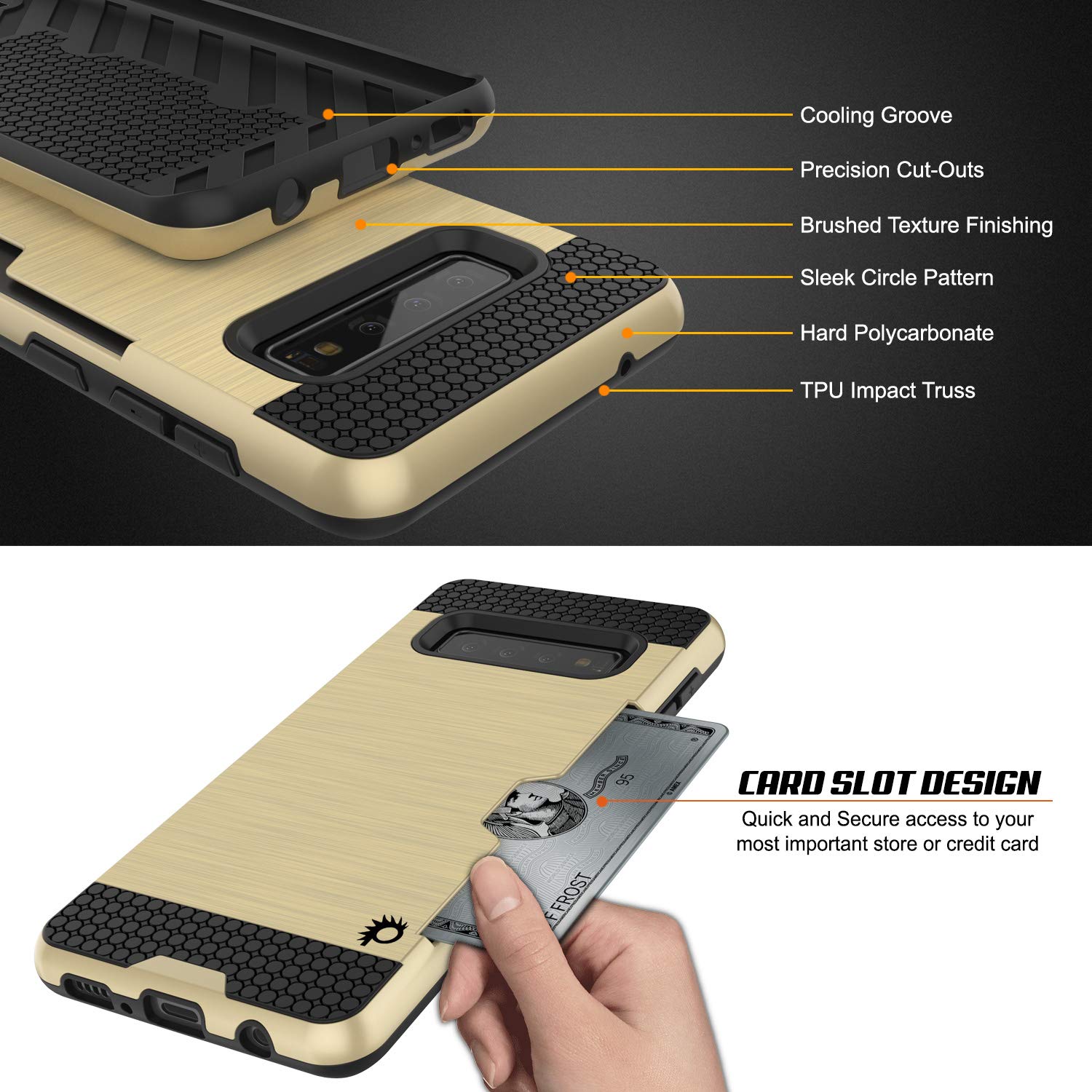 Galaxy S10+ Plus  Case, PUNKcase [SLOT Series] [Slim Fit] Dual-Layer Armor Cover w/Integrated Anti-Shock System, Credit Card Slot [Gold]