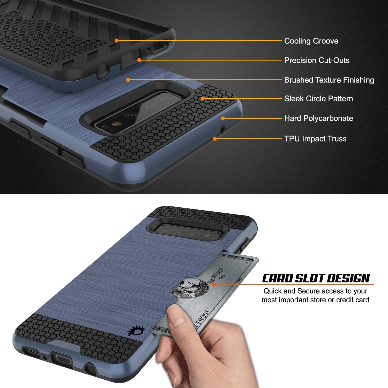 Galaxy S10 Case, PUNKcase [SLOT Series] [Slim Fit] Dual-Layer Armor Cover w/Integrated Anti-Shock System, Credit Card Slot [Navy]