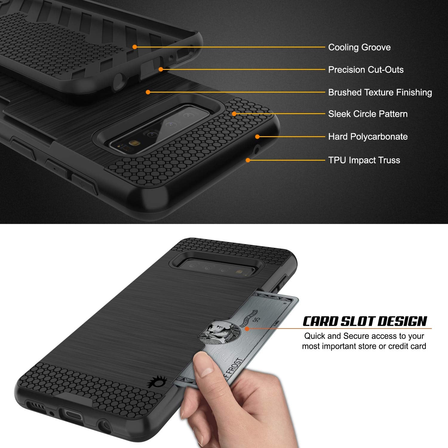 Galaxy S10+ Plus  Case, PUNKcase [SLOT Series] [Slim Fit] Dual-Layer Armor Cover w/Integrated Anti-Shock System, Credit Card Slot [Black]