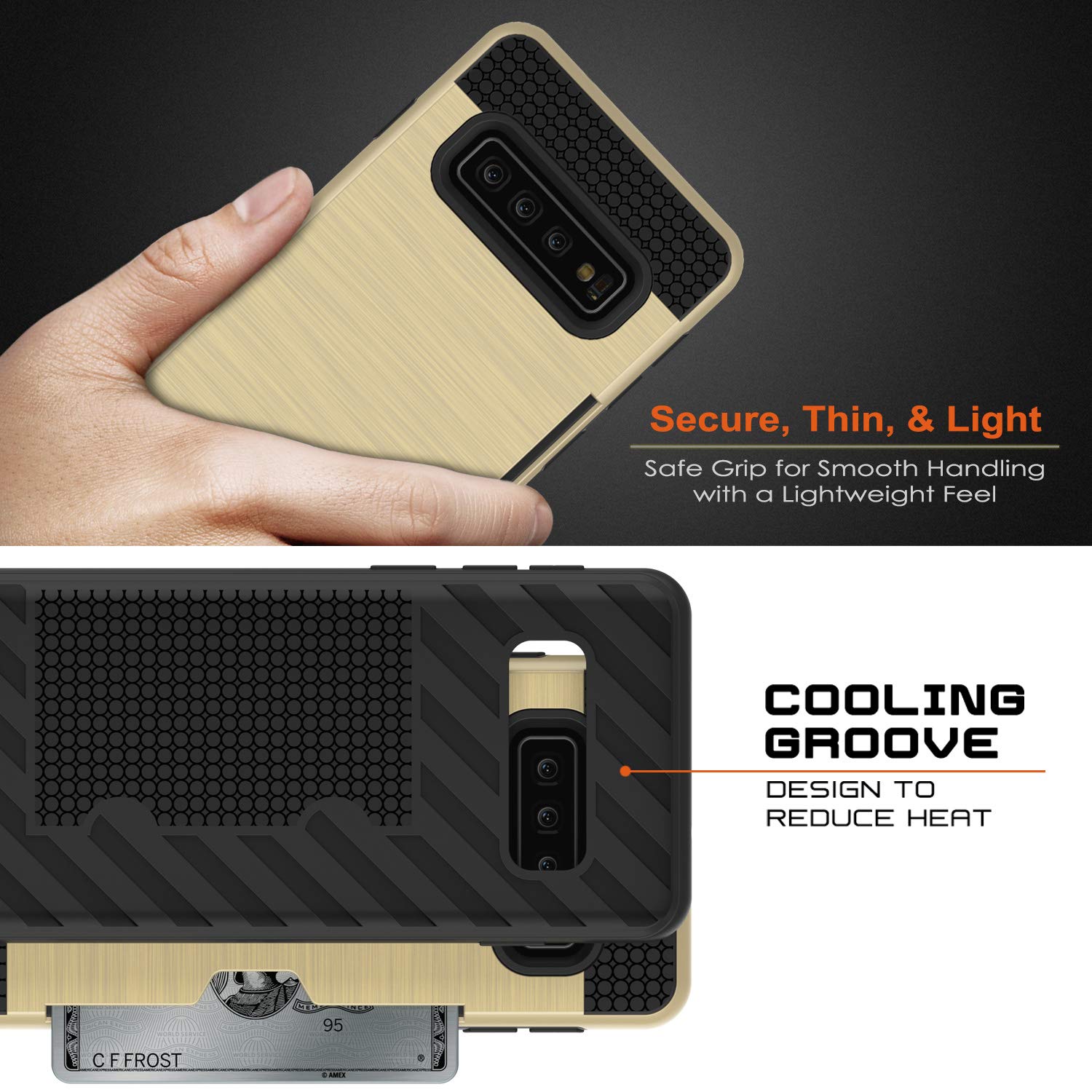 Galaxy S10+ Plus  Case, PUNKcase [SLOT Series] [Slim Fit] Dual-Layer Armor Cover w/Integrated Anti-Shock System, Credit Card Slot [Gold]
