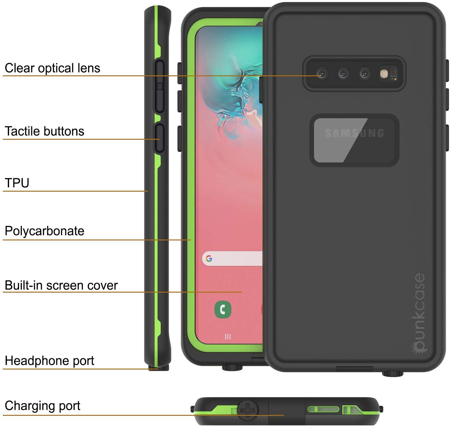 Punkcase S10+ Plus Waterproof Case [Aqua Series] Armor Cover [Black]