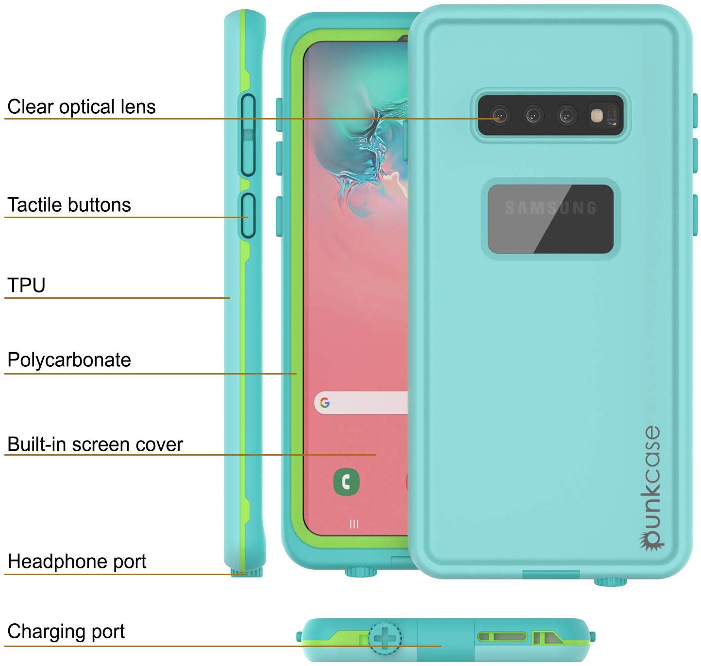 Punkcase S10+ Plus Waterproof Case [Aqua Series] Armor Cover [Teal]
