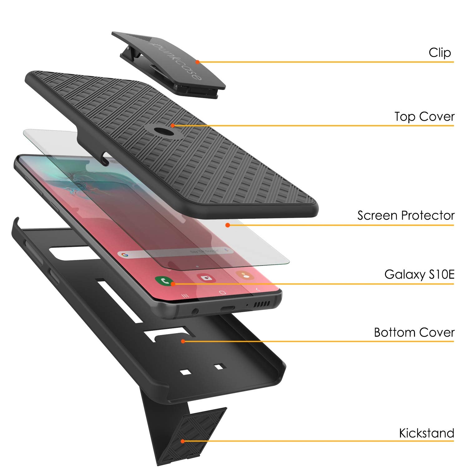 Punkcase Galaxy S10e Case With Screen Protector, Holster Belt Clip [Black]