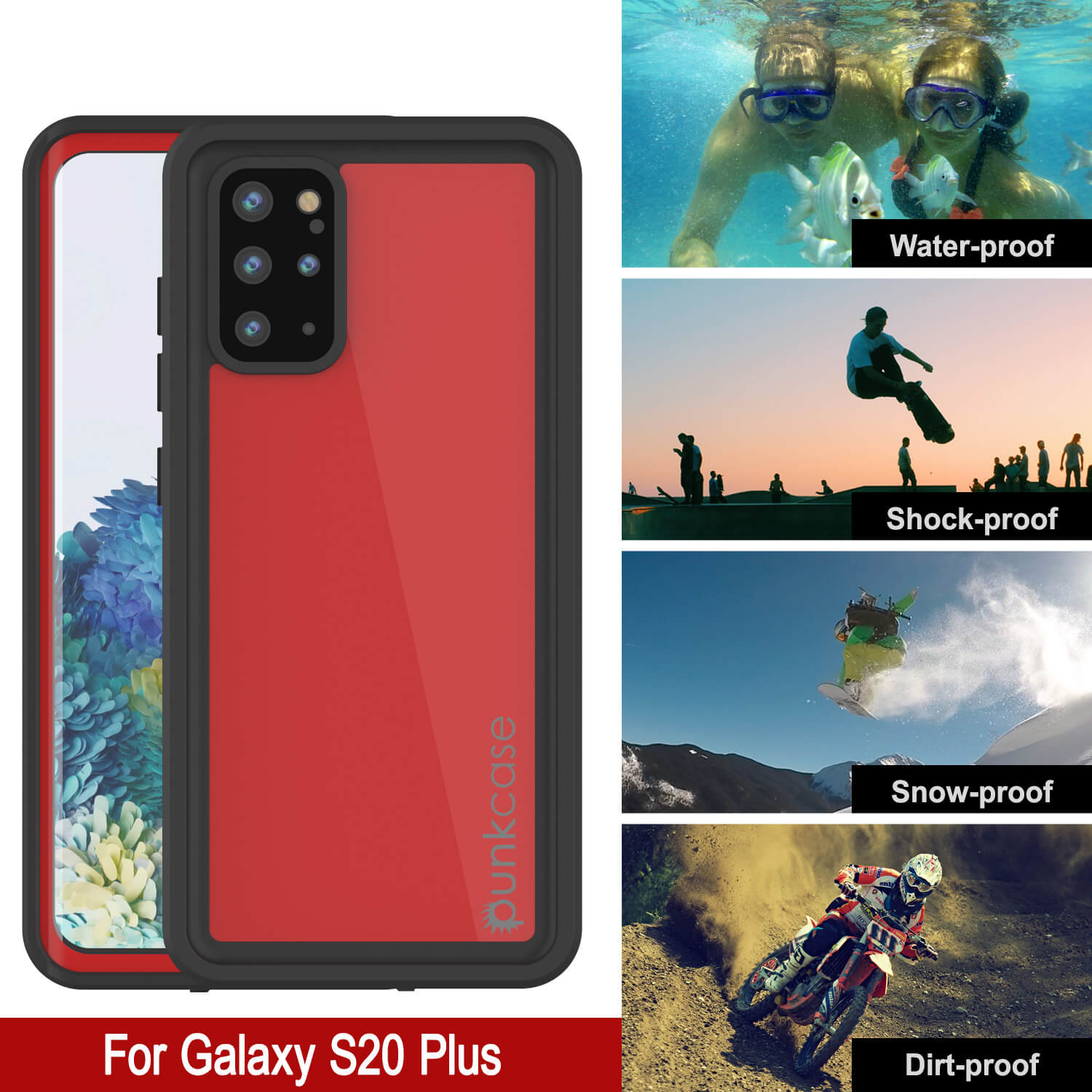 Galaxy S20+ Plus Waterproof Case PunkCase StudStar Red Thin 6.6ft Underwater IP68 Shock/Snow Proof