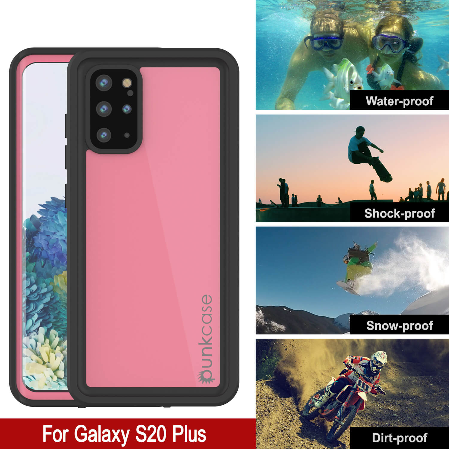 Galaxy S20+ Plus Waterproof Case PunkCase StudStar Pink Thin 6.6ft Underwater IP68 Shock/Snow Proof