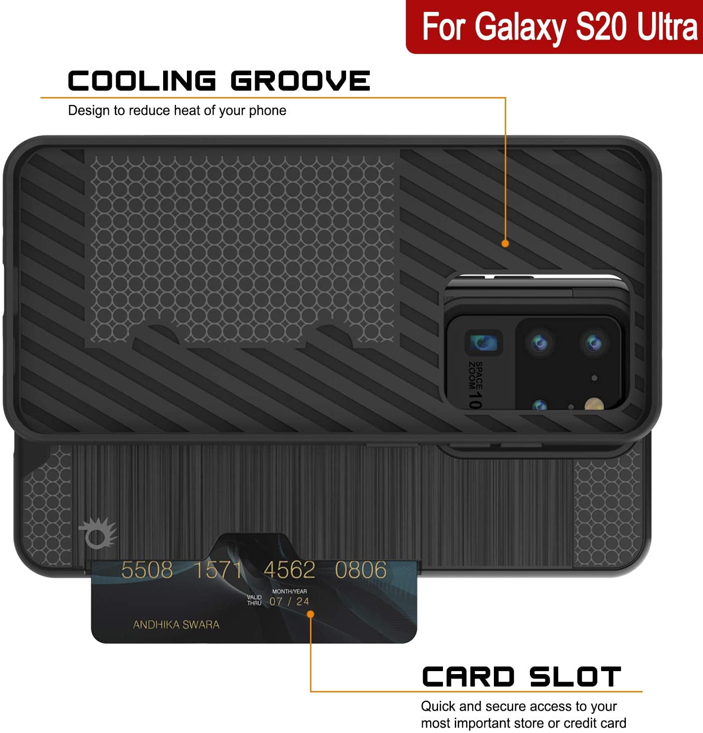 Galaxy S20 Ultra Case, PUNKcase [SLOT Series] [Slim Fit] Dual-Layer Armor Cover w/Integrated Anti-Shock System, Credit Card Slot [Black]