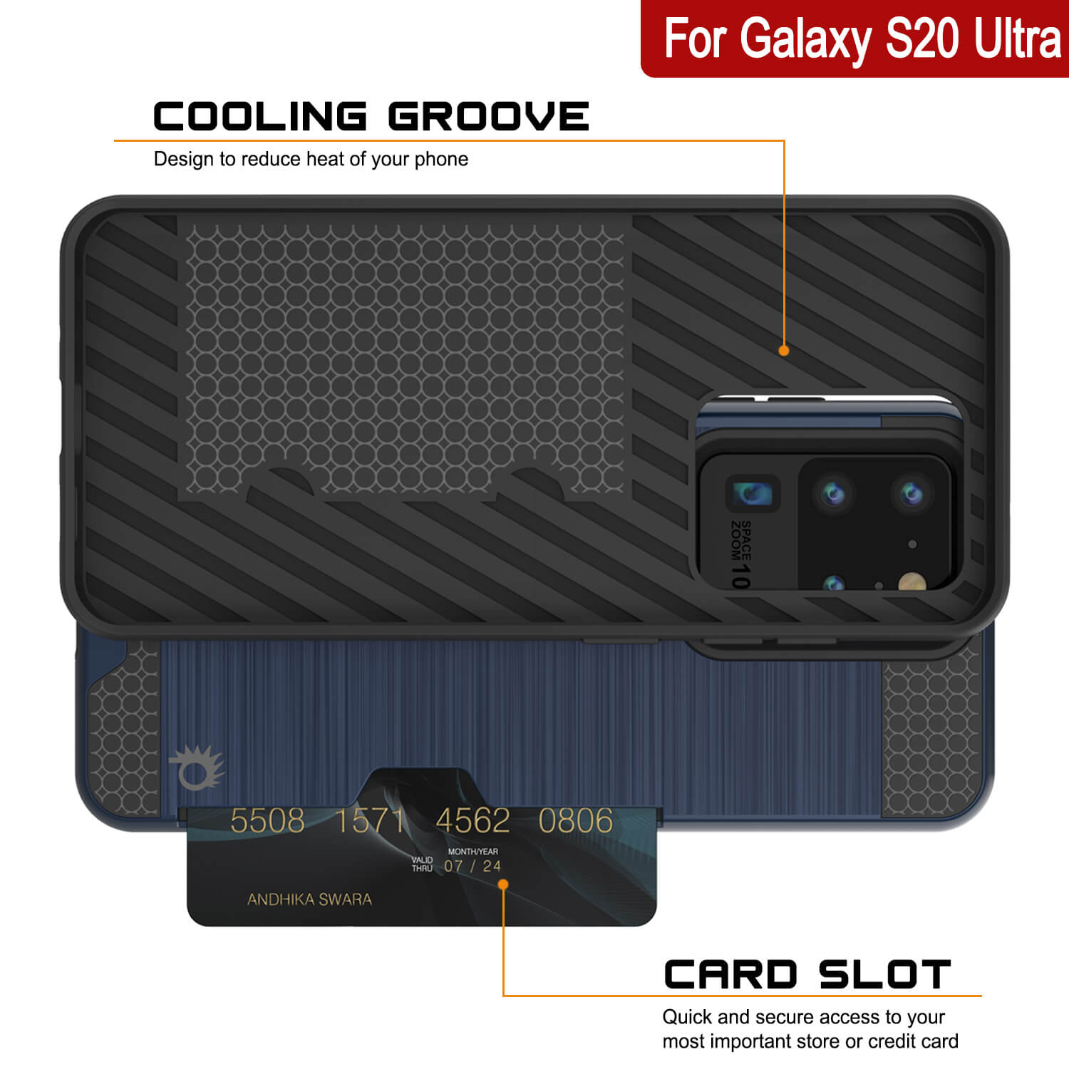 Galaxy S20 Ultra Case, PUNKcase [SLOT Series] [Slim Fit] Dual-Layer Armor Cover w/Integrated Anti-Shock System, Credit Card Slot [Navy]