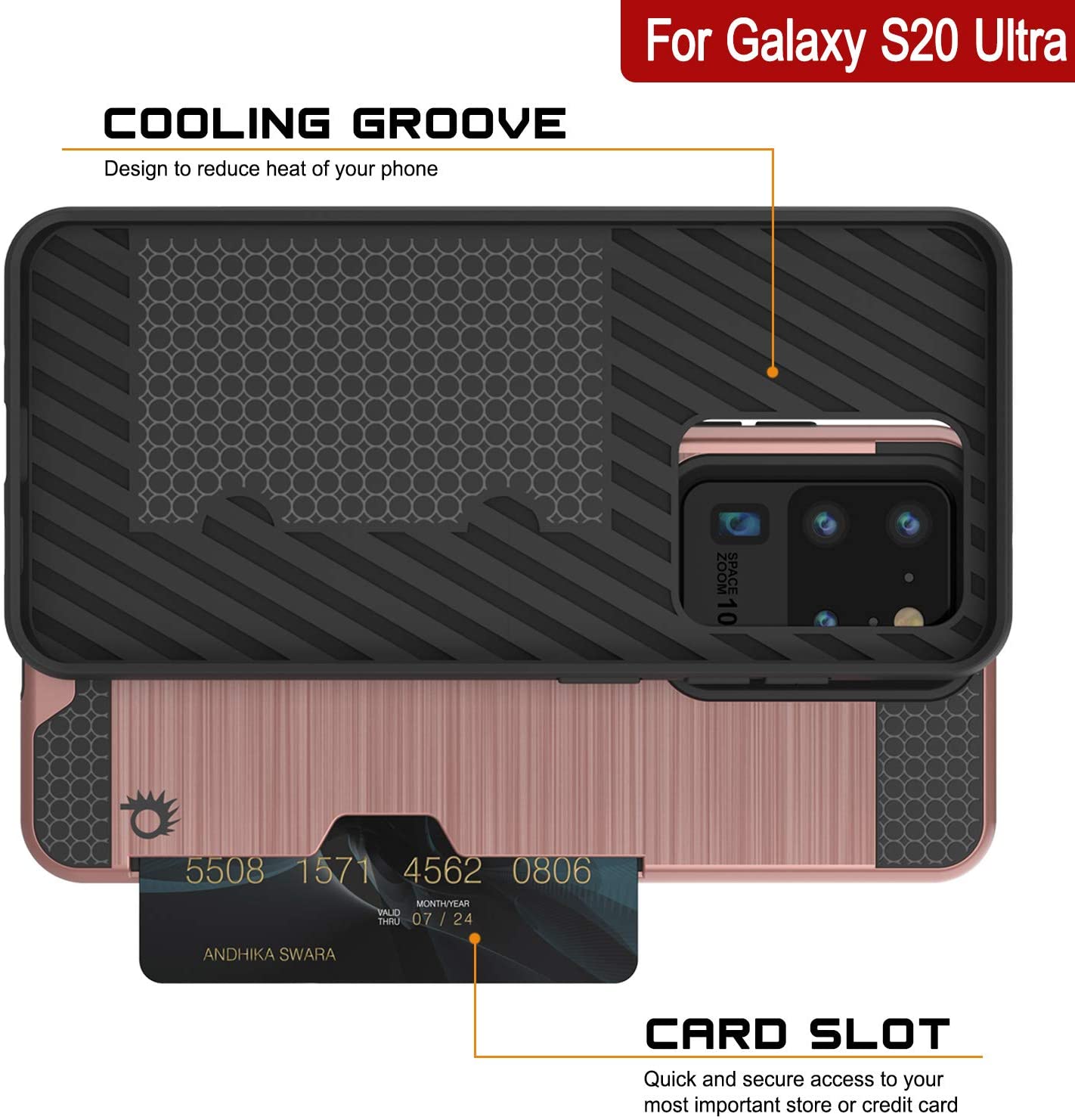 Galaxy S20 Ultra Case, PUNKcase [SLOT Series] [Slim Fit] Dual-Layer Armor Cover w/Integrated Anti-Shock System, Credit Card Slot [Rose Gold]