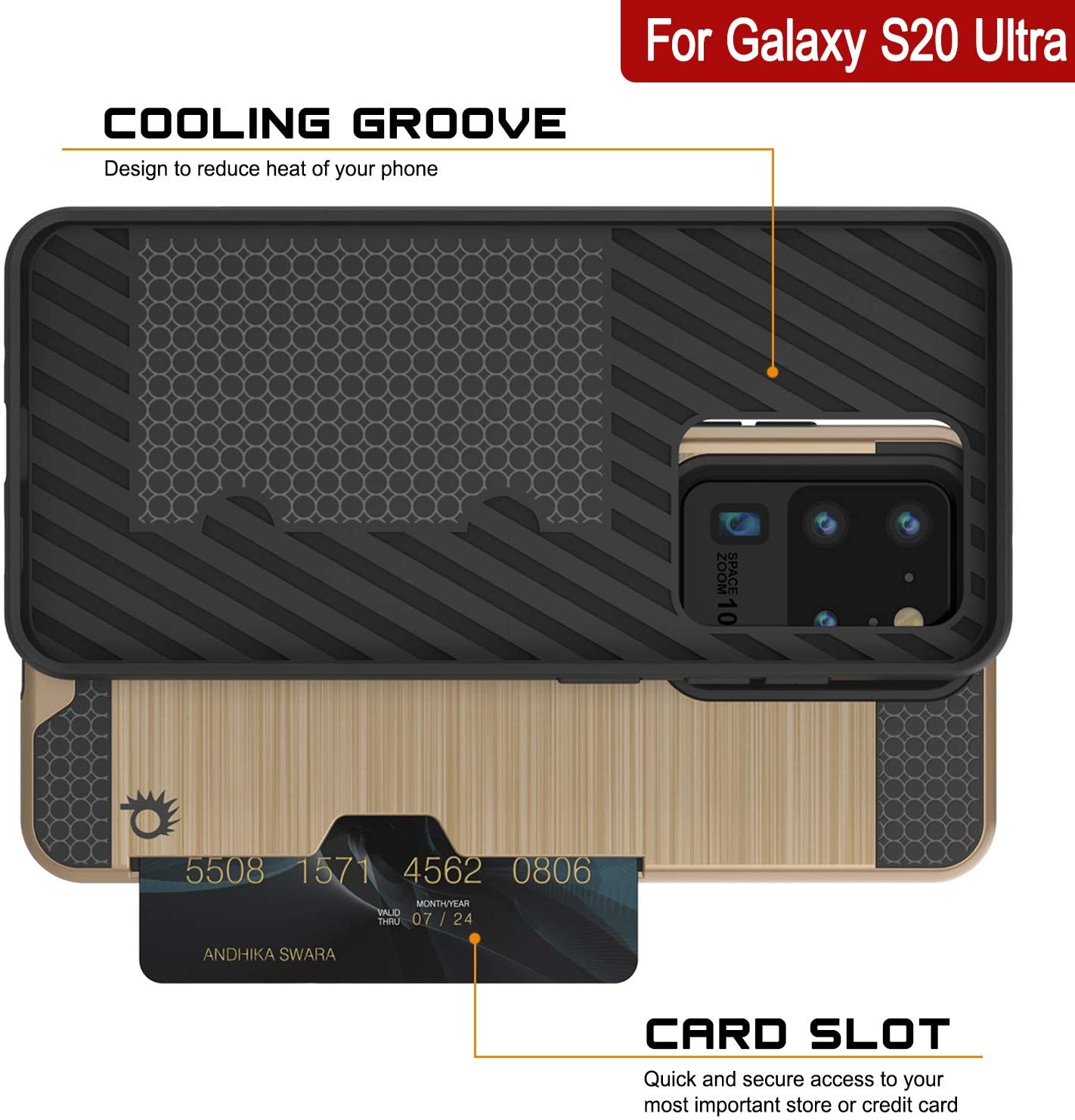 Galaxy S20 Ultra Case, PUNKcase [SLOT Series] [Slim Fit] Dual-Layer Armor Cover w/Integrated Anti-Shock System, Credit Card Slot [Gold]