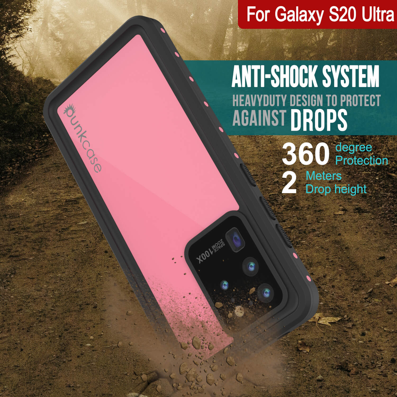 Galaxy S20 Ultra Waterproof Case PunkCase StudStar Pink Thin 6.6ft Underwater IP68 Shock/Snow Proof