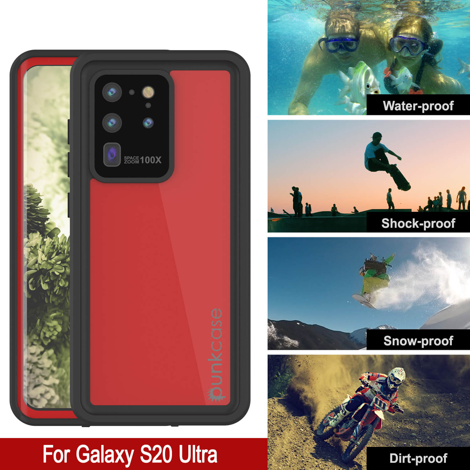 Galaxy S20 Ultra Waterproof Case PunkCase StudStar Red Thin 6.6ft Underwater IP68 Shock/Snow Proof