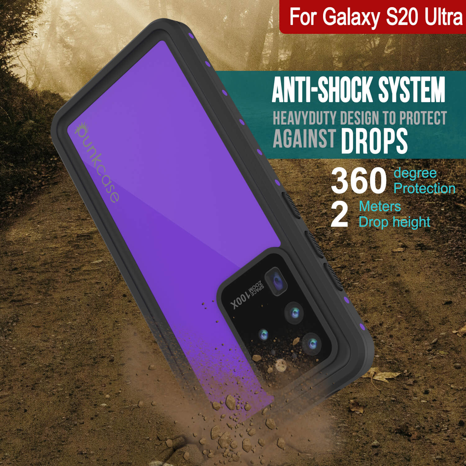 Galaxy S20 Ultra Waterproof Case PunkCase StudStar Purple Thin 6.6ft Underwater IP68 Shock/Snow Proof