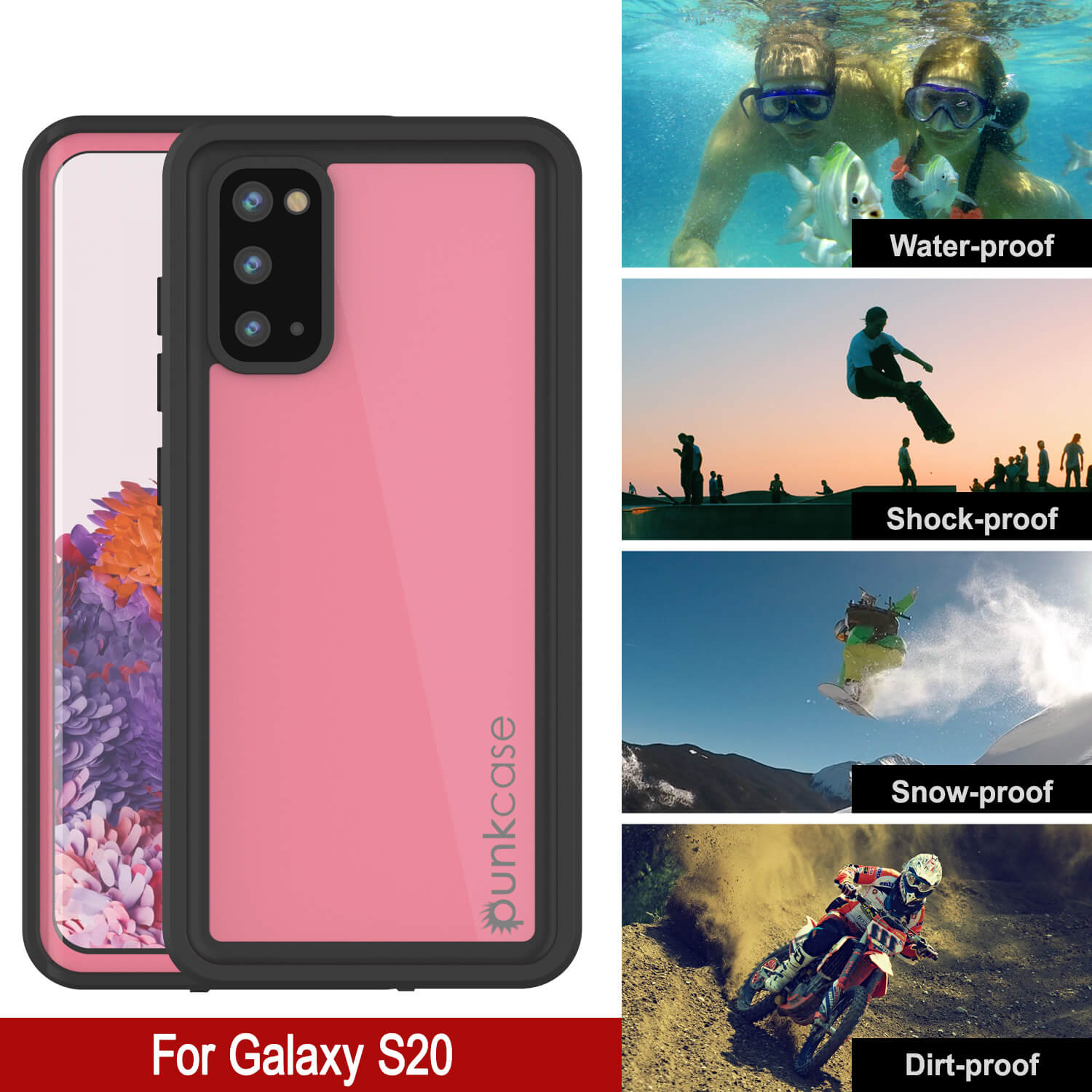 Galaxy S20 Waterproof Case PunkCase StudStar Pink Thin 6.6ft Underwater IP68 Shock/Snow Proof